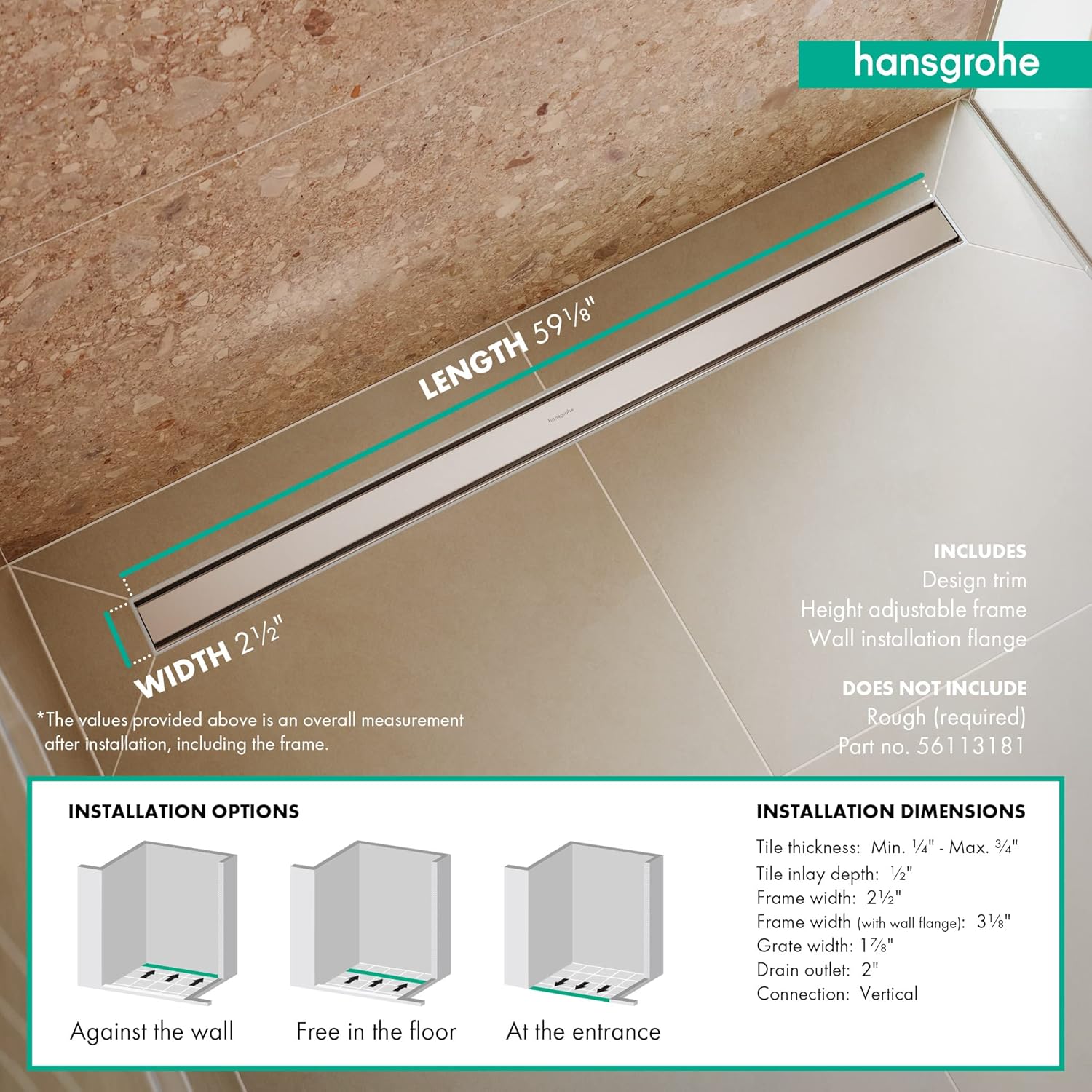 hansgrohe RainDrain Match Linear Tileable Shower Drain for 59 1/8" Rough with Height Adjustable Frame in Chrome, Stainless Steel Rectangle Shower Floor Drain