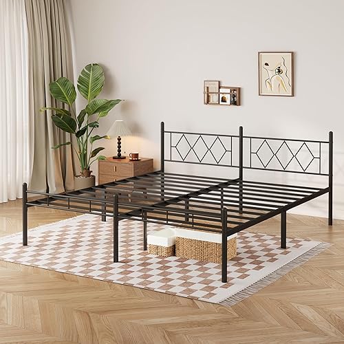 Miniatura 6 de Base de cama de tamaño matrimonial de 14 pulgadas, no necesita somier, plataforma de metal resistente con cabecera y estribo, sin ruido, soporte de