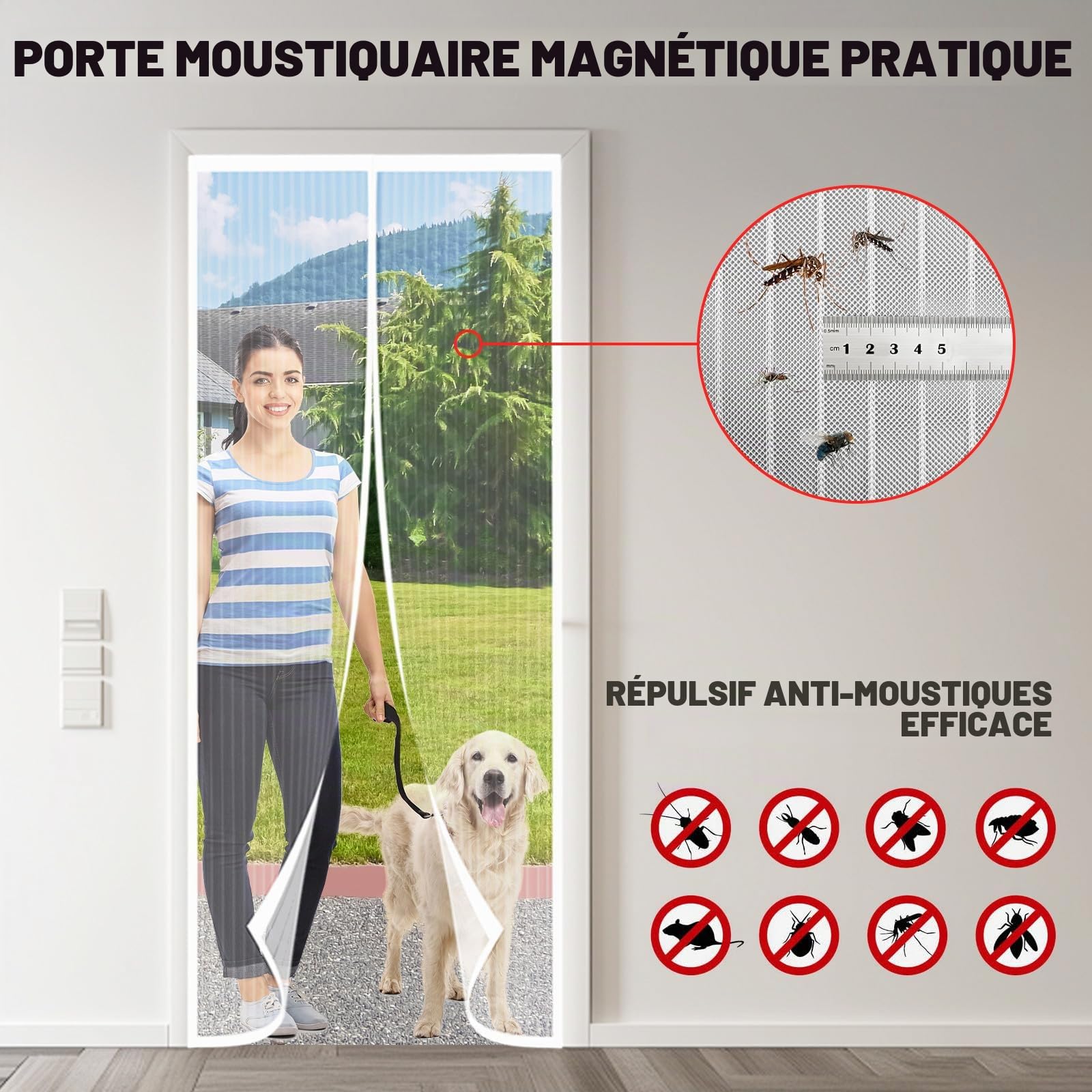 Moustiquaire Porte Fenetre Magnetique 180x215cm, Rideau de Porte Anti Moustique, Fermeture Automatique Aimantée Pour Portes de Balcon, de Cave et de Terrasse, sans perçage (Blanc)