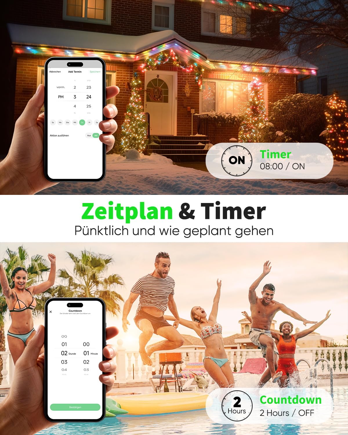 GreenSun WLAN Steckdose Outdoor 2er - Zeitschaltuhr Aussenbereich Außensteckdose mit Strommessung Zeitschaltuhr Timer Kompatibel mit Alexa Google Smart Life APP für Garten Terrasse IP44 16A 3680W