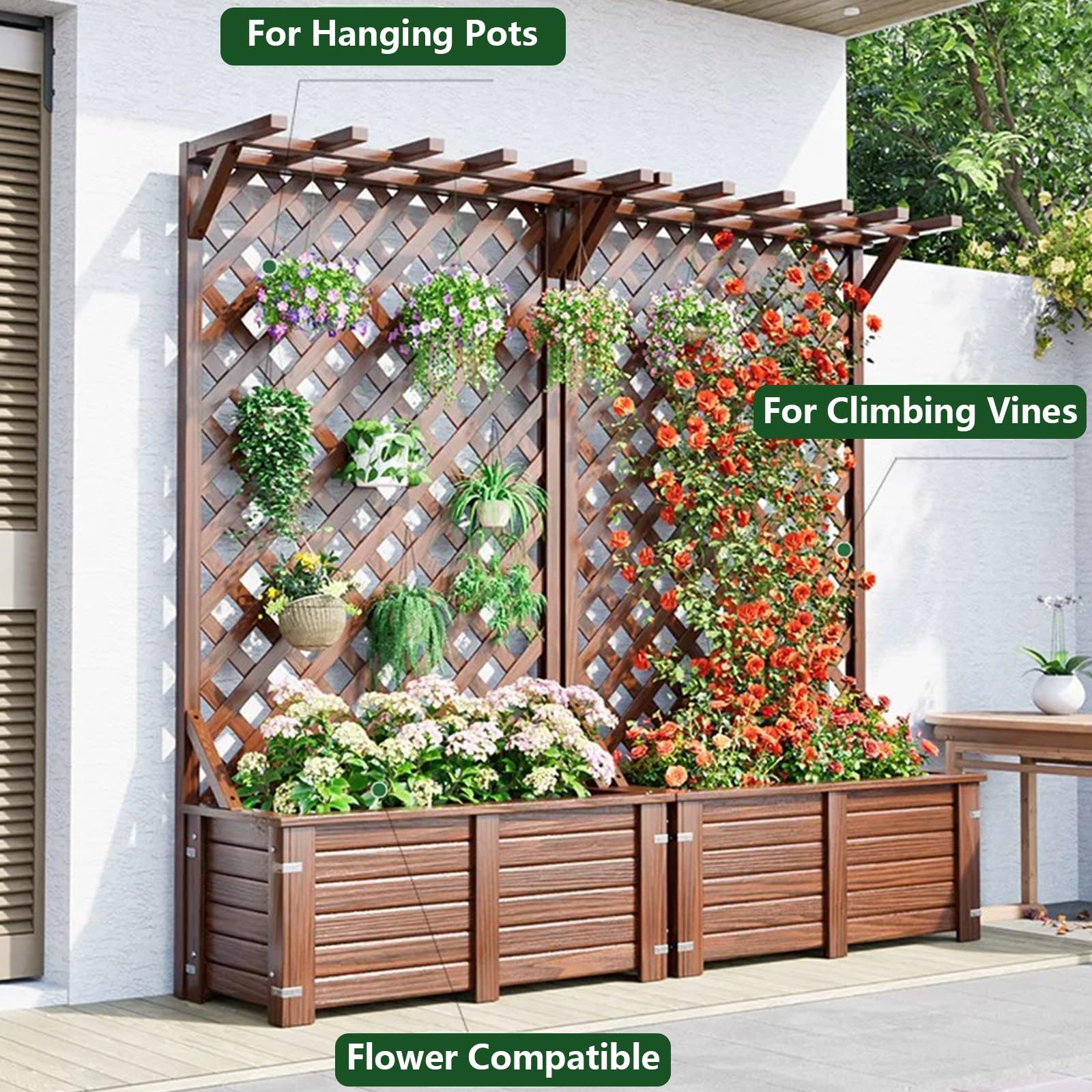 Jardinera Vertical de Celosía de Diamante Con Enrejado, Soporte for Plantas Trepadoras Montado en La Pared de Alta Resistencia, Marco de Madera Maciza Engrosada(39.4x11.8x70.9in,Top)