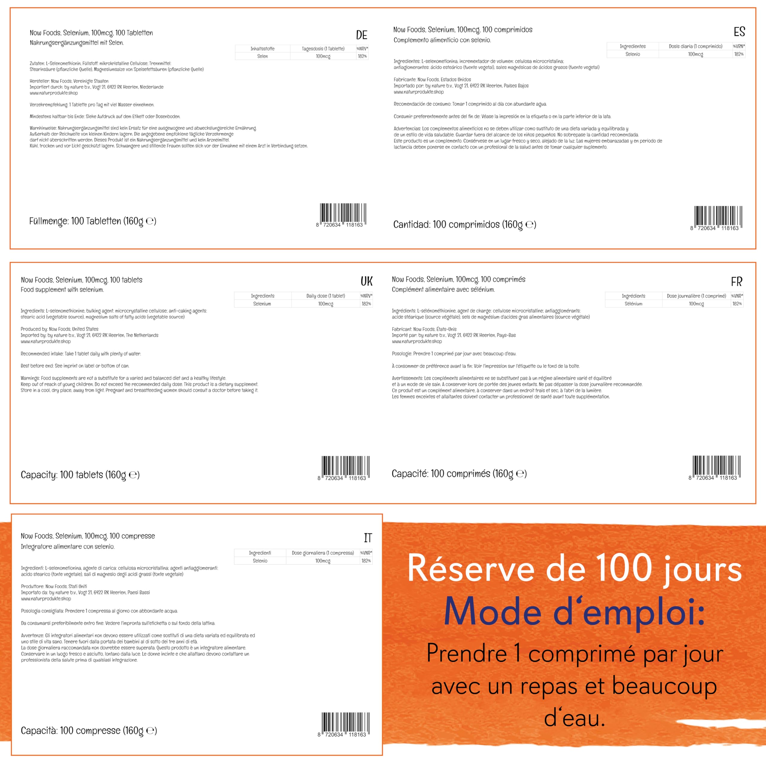 Now Foods, Selenium (Sélénium), 100mcg, Sans Levure, 100 Comprimés végétaliens, Testé en Laboratoire, Végétarien, Sans Gluten, Sans Soja, Sans OGM
