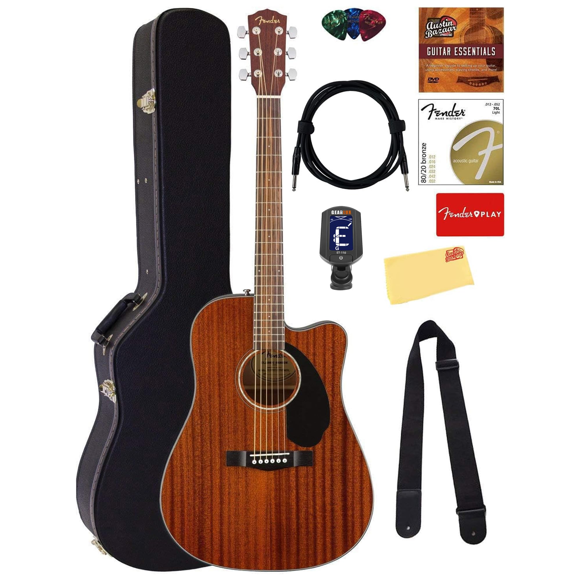 CD-60SCE Solid Top Dreadnought Acoustic-Electric Guitar - All Mahogany Bundle with Hard Case, Instrument Cable, Tuner, Strap, Strings, Picks, Polishing Cloth and Austin Bazaar Instructional DVD