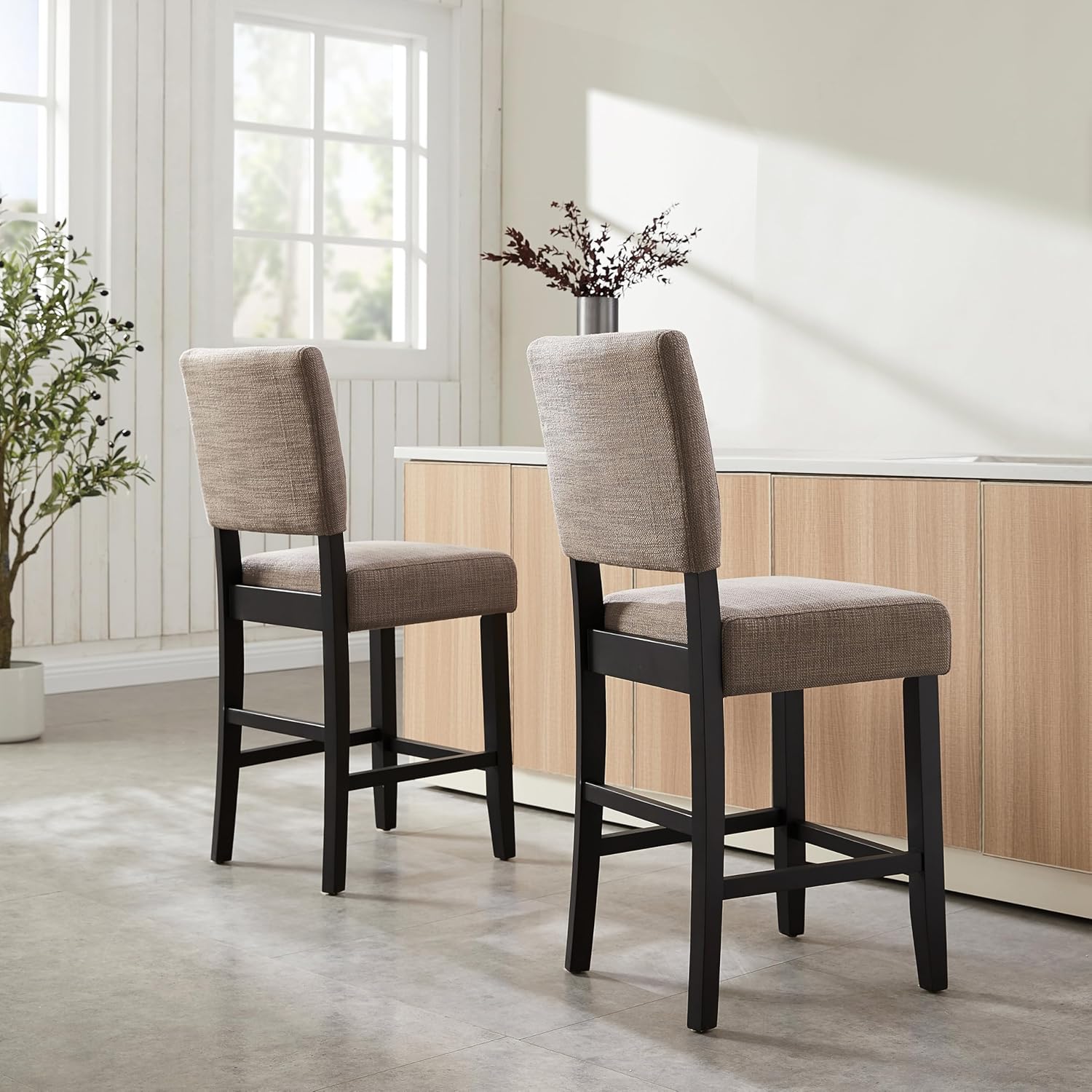 Leick Home Brax Barstool Chairs, Solid Wood Base, 25-in. Seat Height, Gray Woven Upholstered Fabric, Easy-Assembly, Black & Gray, Set of 2, 21.0 in. L x 17.0 in. W x 40.0 in. H, 10086-BLKGL