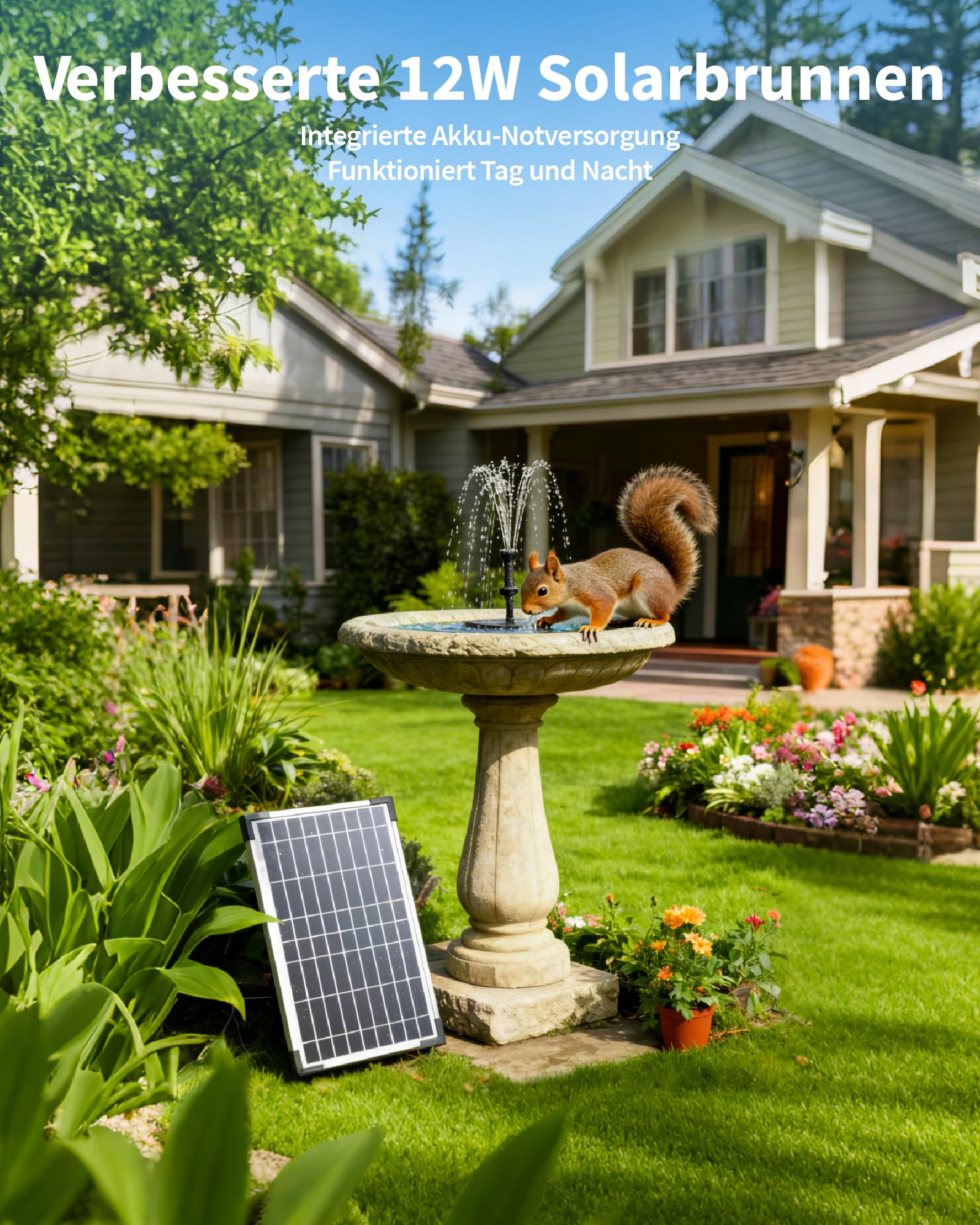 POPOSOAP Bomba solar para estanque, Solarbrunnen de 12W con batería de 4200 mAh, funcionamiento diurno y nocturno, Fuente decorativa para estanques de jardín, Montaje sencillo