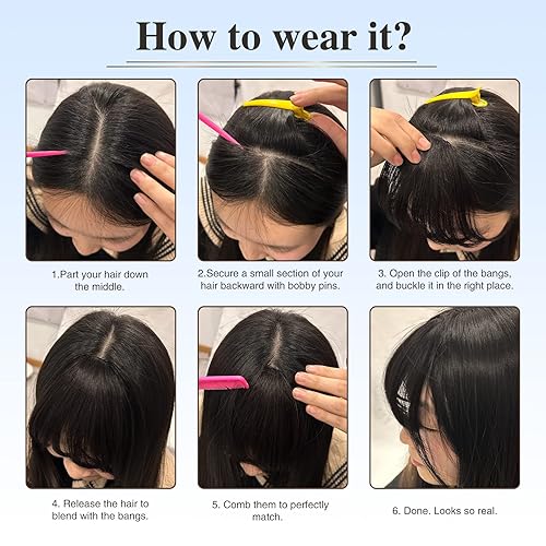 Miniatura 5 de AISI QUEENS Flequillo con clip, extensiones de cabello humano real, flequillo falso con fleco de sienes para mujer, flequillo plano y curvado para