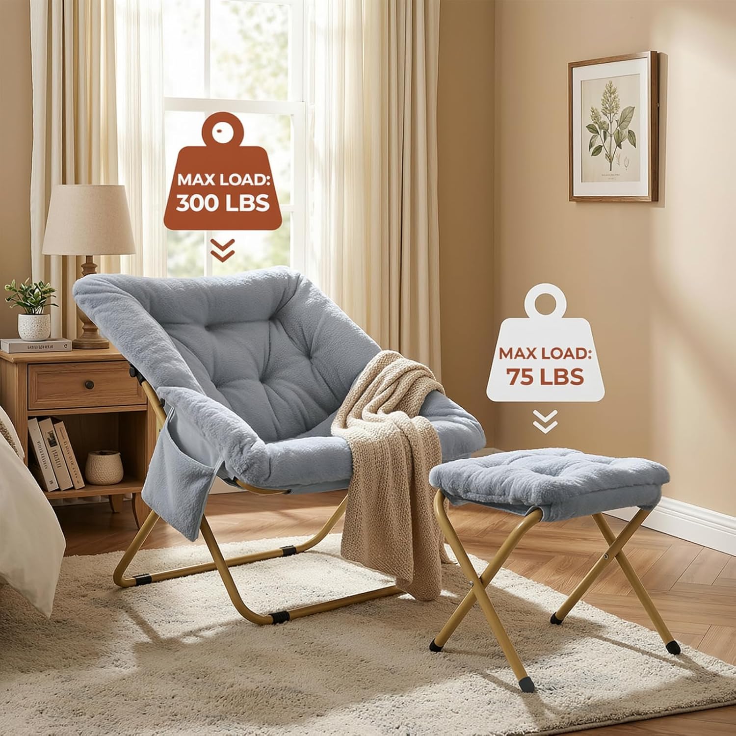 TLSUNNY Comfy Saucer Chair, Foldable Lounge Lazy Chair with Ottoman, Soft Faux Fur Reading Chair for Teens Adults, Folding Lazy Chair/Moon Chair for Living Room, Bedroom, Dorms, X-Large (Gray)