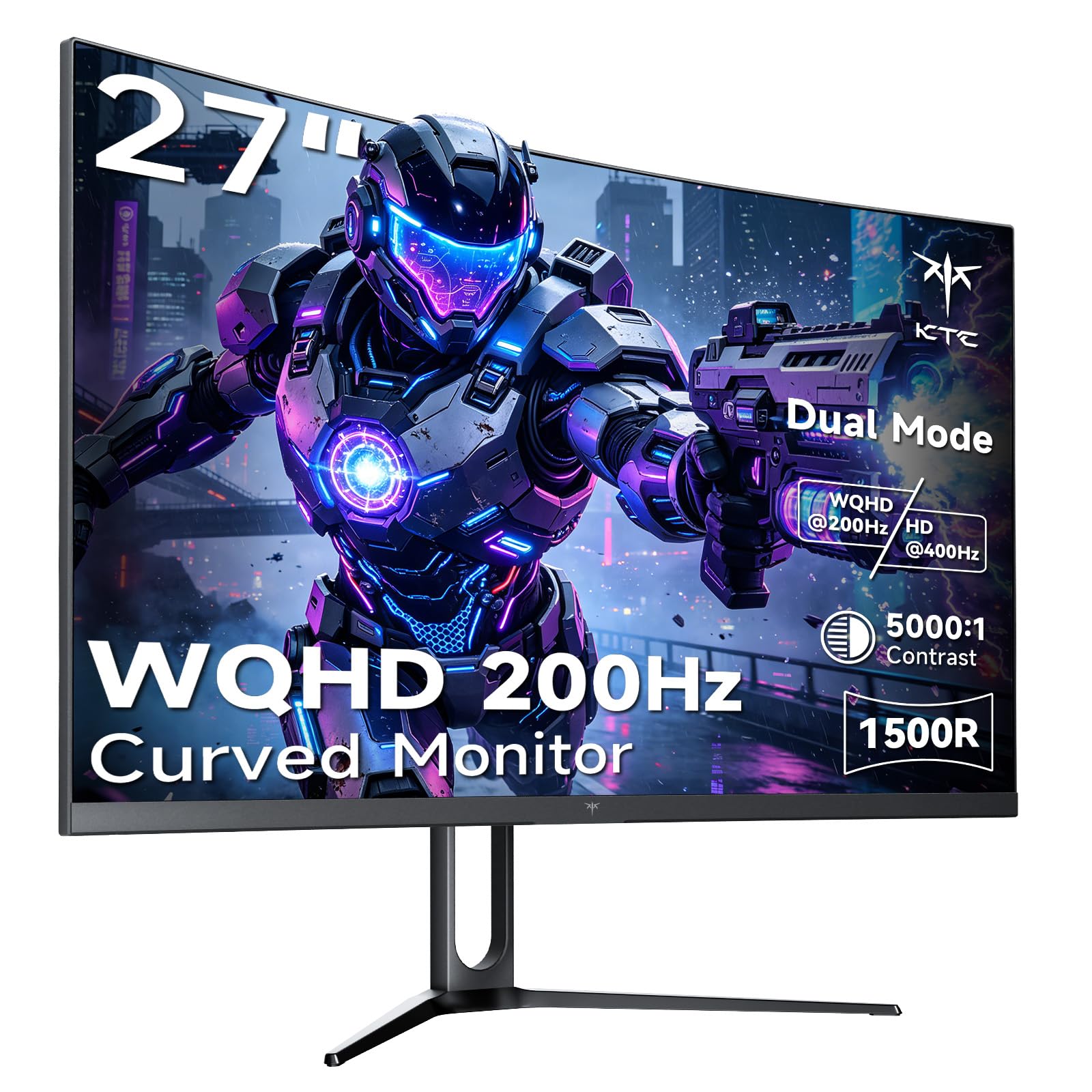 KTC 27 Inch 1440p 200Hz Curved Gaming Monitor, WQHD 200Hz/HD 400Hz, H27S5 | Dual Mode, 1500R, 5000:1 Contrast, 2K HDR, Adaptive-Sync, HDMI & DP Ports, VESA Compatible
