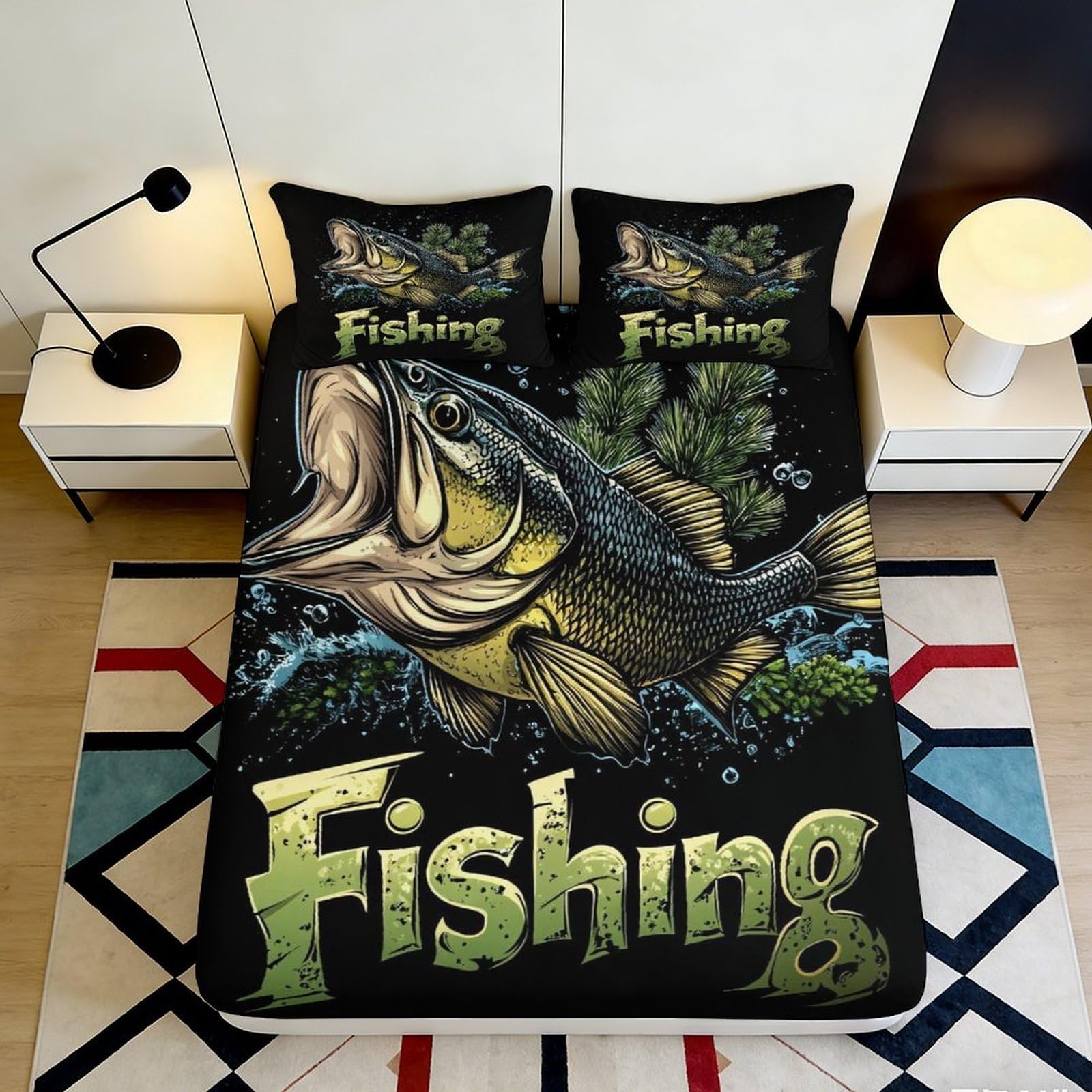 3D Printed Fishing Design Fitted Sheet Microfiber Soft Breathable Fish Pattern Bed Cover for Bedroom Dormitory Guest Room Mattress Protection Decor 200x200x25cm