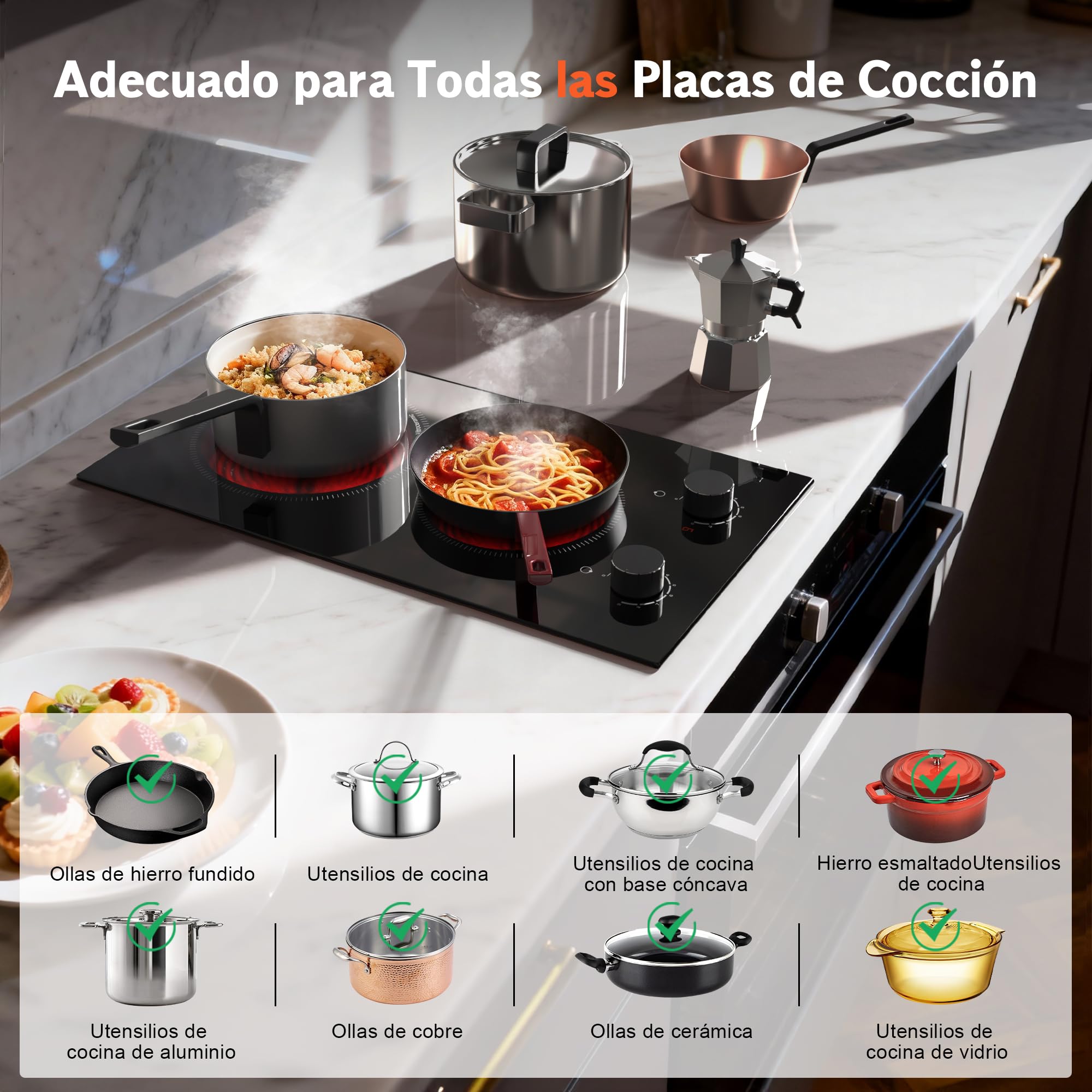 Placa Vitrocerámica 2 Fuegos 30cm, 3000W, Disaenvir Placa Electrica Cocina Empotrable con Botones, 9 Niveles de Potencia, Función de Protección Contra S obrecalentamiento, Control Táctil | 9 niveles de potencia, protección contra sobrecalentamiento, 30 cm