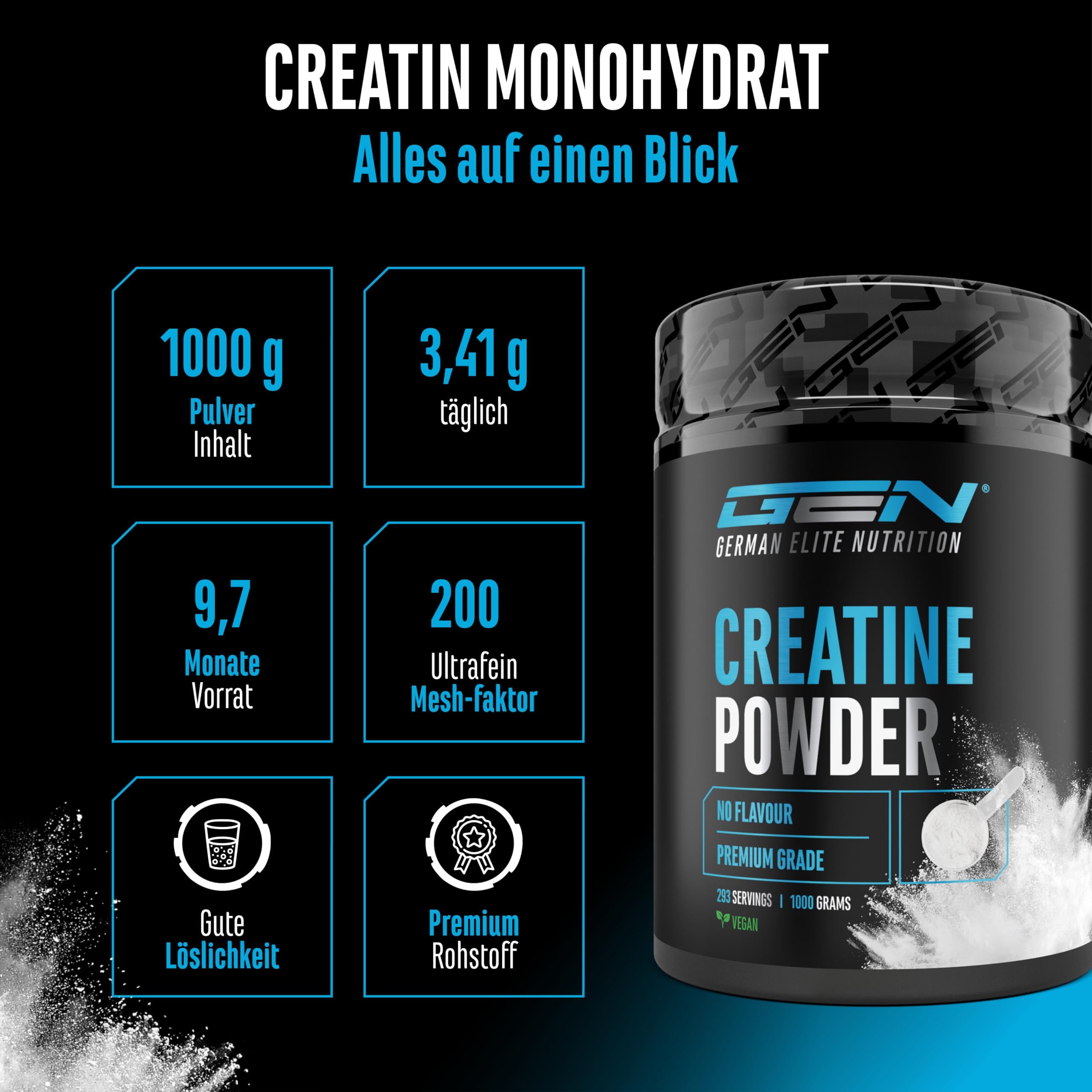 Creatin Pulver - 1kg / 1000 g - Creatine Monohydrat Pulver - Optimale Löslichkeit & mikrofein - Vegan - 293 Anwendungen - German Elite Nutrition | 293 Portionen, mikrofein löslich, Mesh Faktor 200, vegan, ohne Zusätze