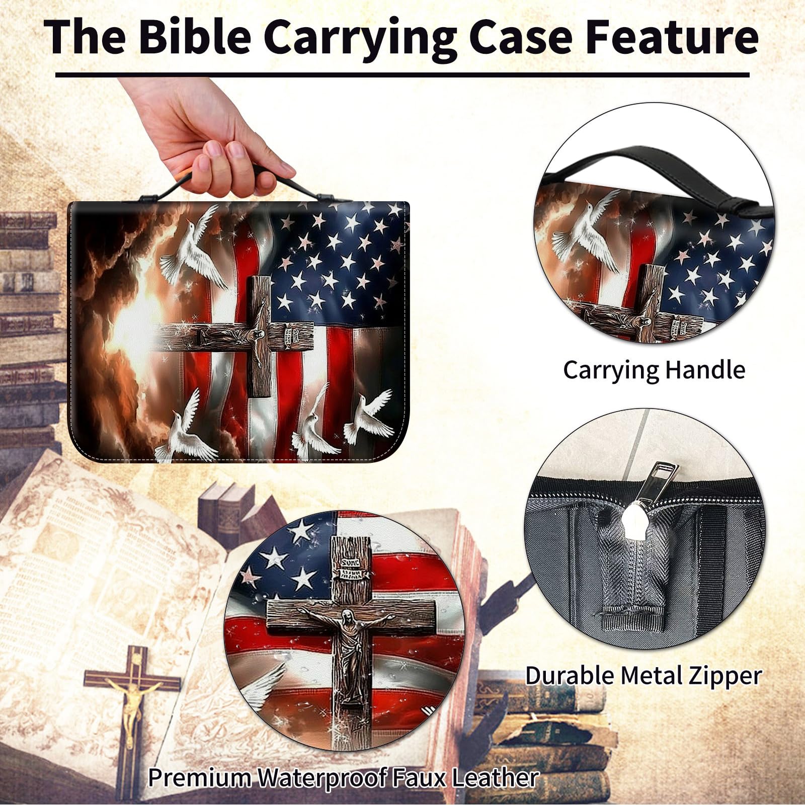 Grand étui de bible en cuir pour homme et femme, convient aux livres jusqu'à 27,9 x 20,3 x 6,1 cm, drapeau américain avec croix colombe - Sac d'église avec poignée et fermeture éclair