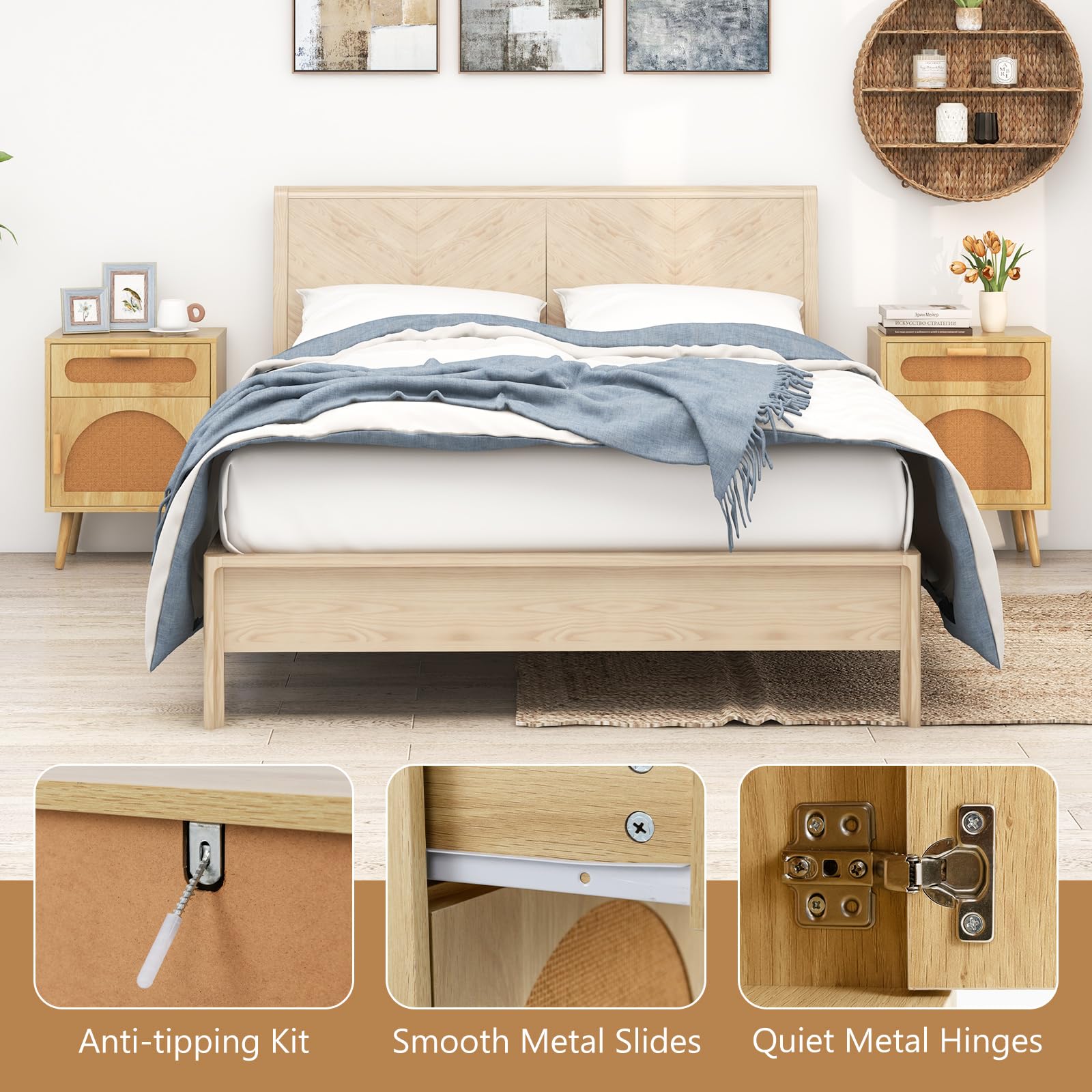 Comodino in rattan con gambe in legno massello, per soggiorno e camera da letto, 45 x 30 x 61 cm, naturale h