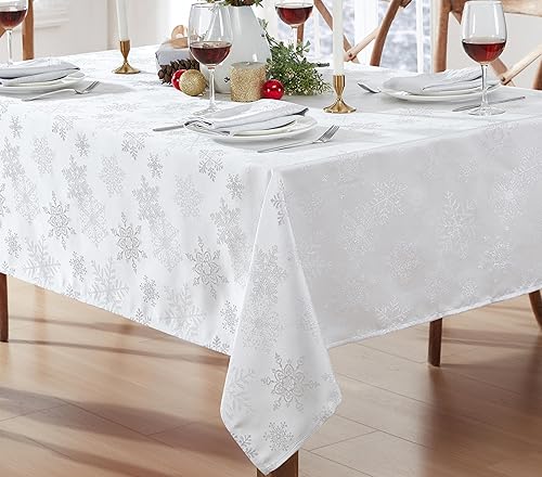 Miniatura 6 de Newbridge - Elegante mantel de Navidad con copos de nieve metalizados y brillantes, no planchable, de tela tejida de Lurex resistente a las manchas,