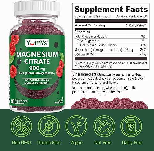 Miniatura 5 de YumVs - Gomitas de citrato de magnesio  900 mg de citrato de magnesio (102 mg de magnesio elemental)  Citrato altamente absorbente  Apoya la función