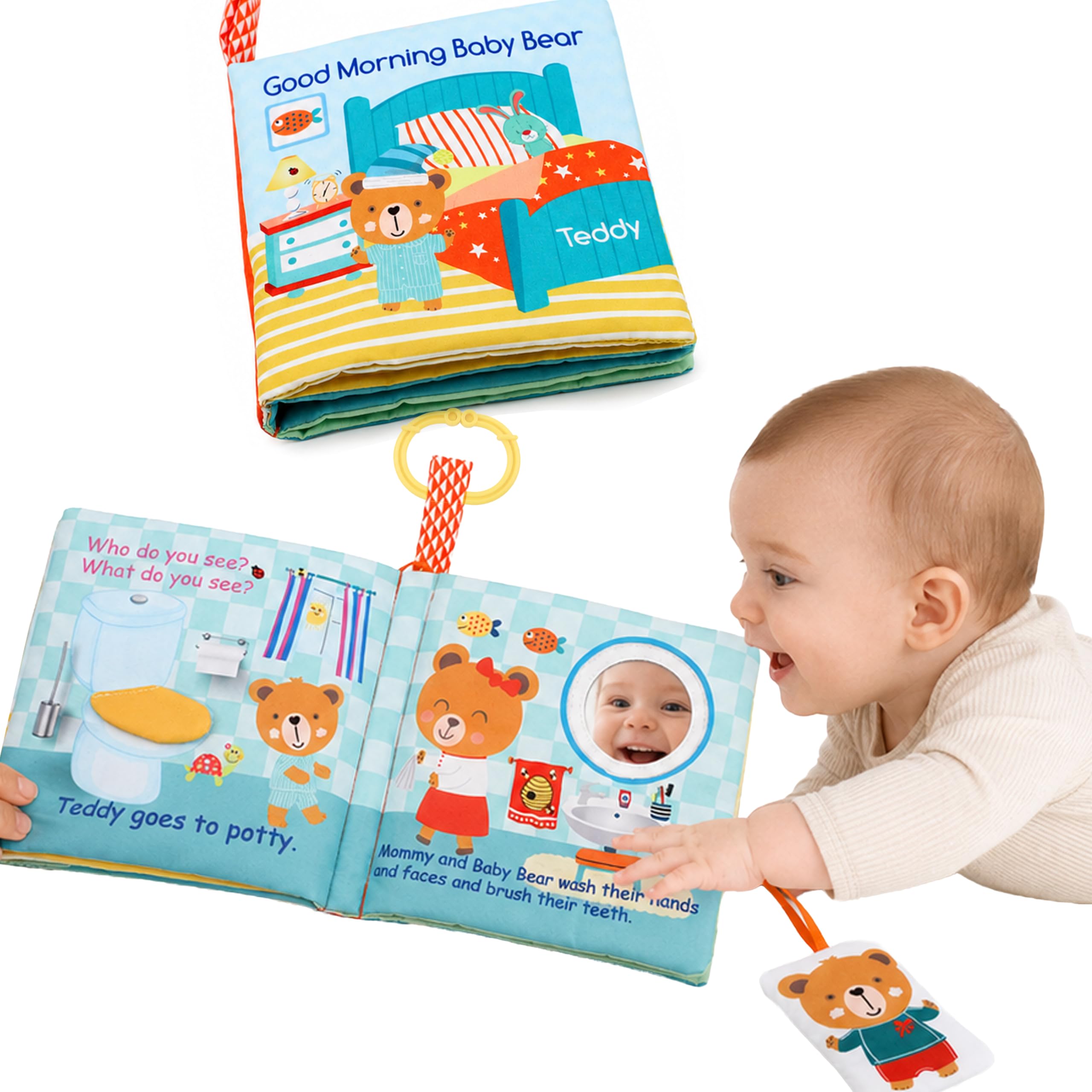 bebe mondo Teddy Bear Tummy Time Toy with Mirror, Soft Crinkle Books for Babies 0-3-6-12 Months, Infant Sensory Toy, Baby Mirror Toy,Touch and Feel Cloth Easter Gift for Newborns,1-2 Year Old-Morning