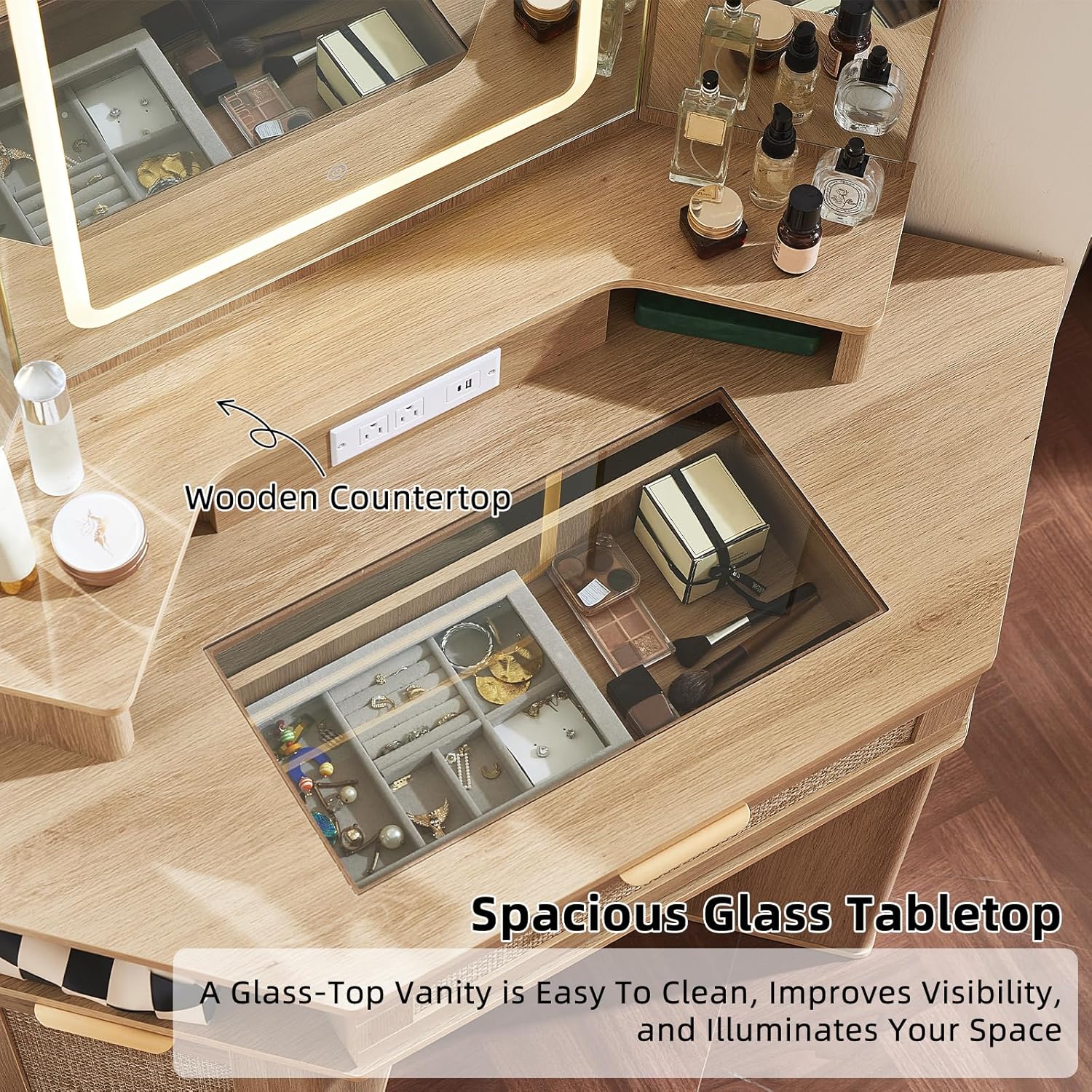 Close-up view of the Lerliuo Corner Vanity Desk's spacious glass tabletop, revealing organized makeup and jewelry inside.