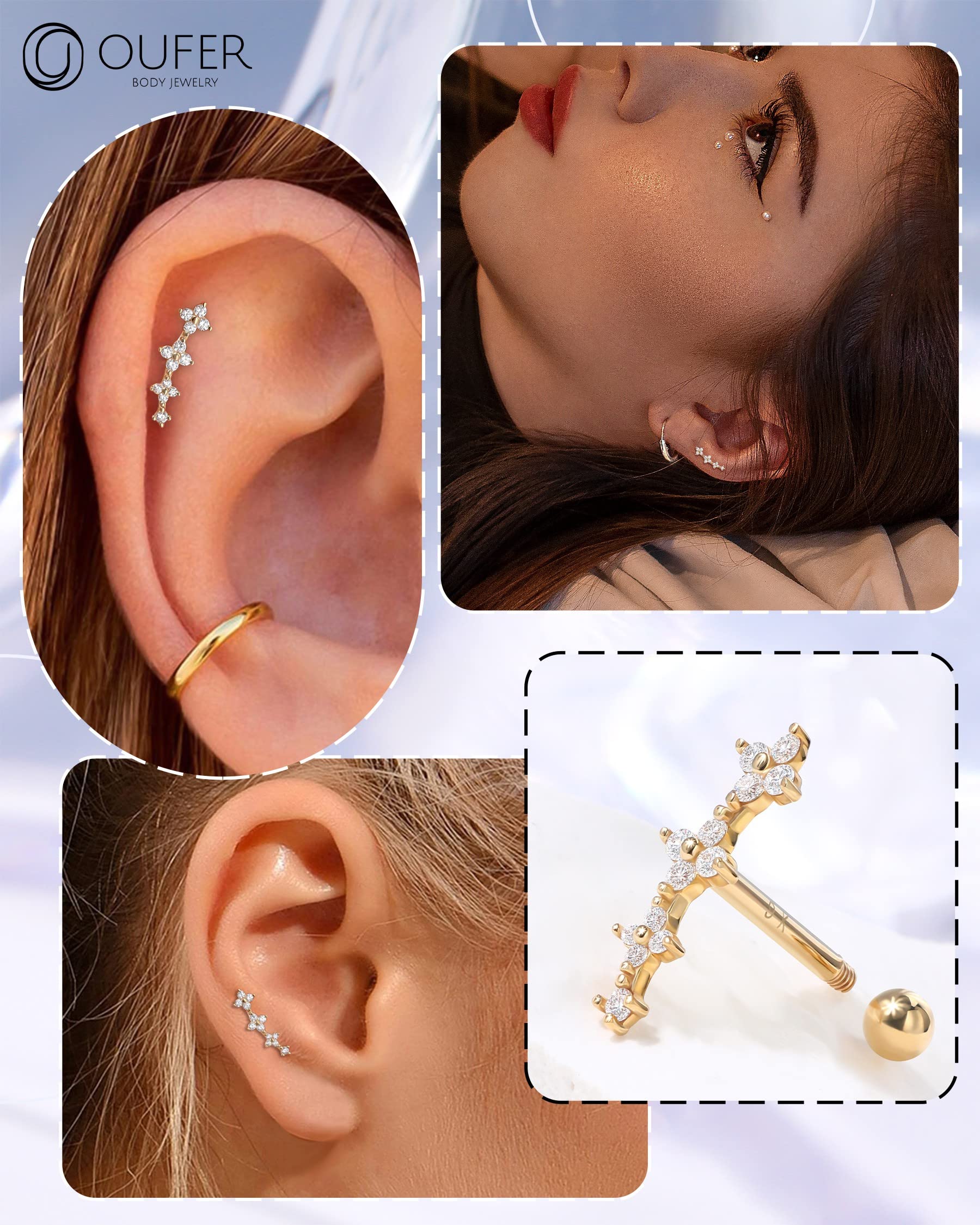 OUFER Orecchini per cartilagine in oro 9 carati, 16 G, AAA+ e zirconia cubica, piercing per elica anteriore, anello a conchiglia, anello superiore per trago, gioielli per donne e ragazze