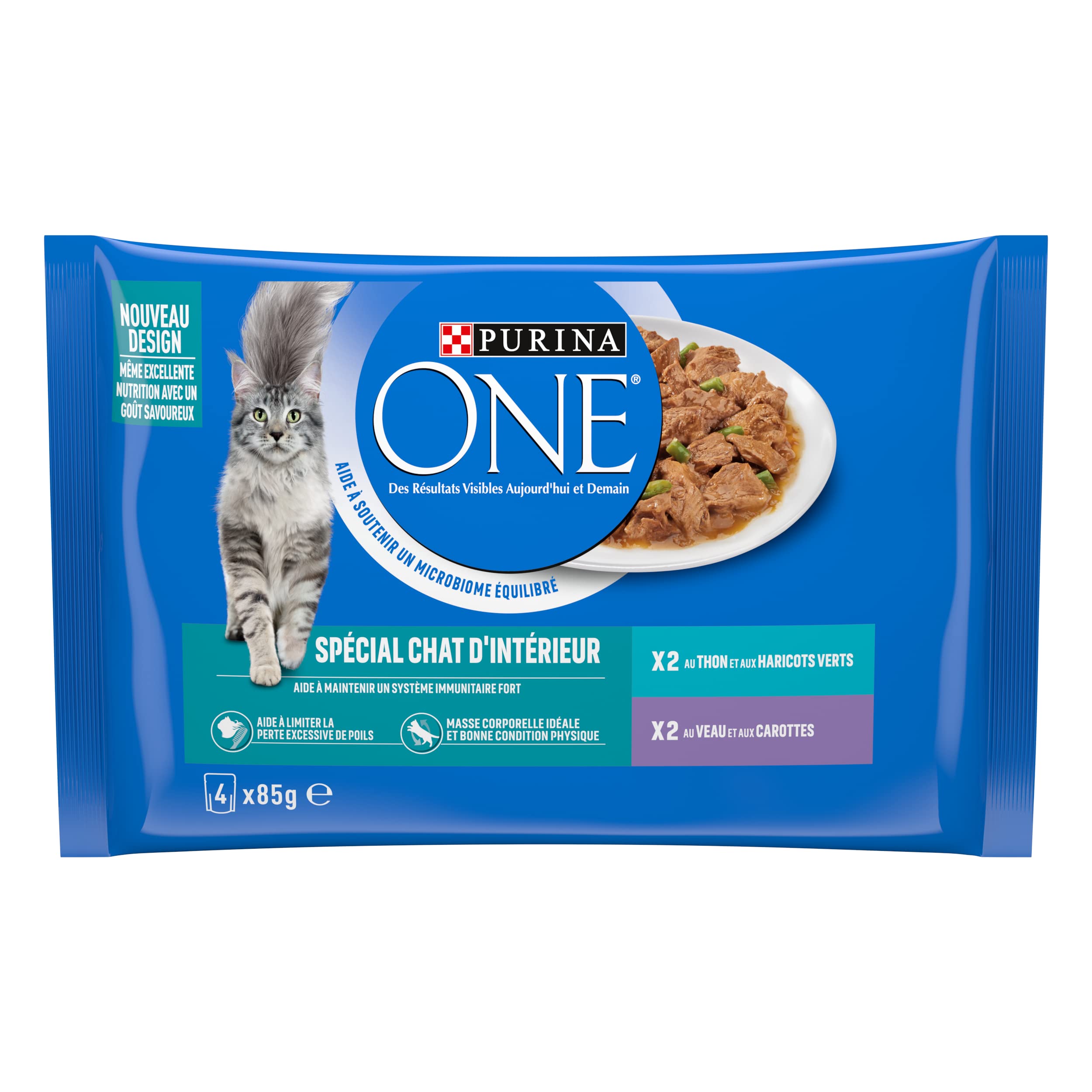 PURINA ONE | BIFENSIS | Spécial Chat Stérilisé d'Intérieur | Effilés en Sauce | Aide à contrôler le poids, et limiter la perte excessive de poils | Thon, Veau | Sachets Fraîcheur | Lot de 12 (4 x 85g)