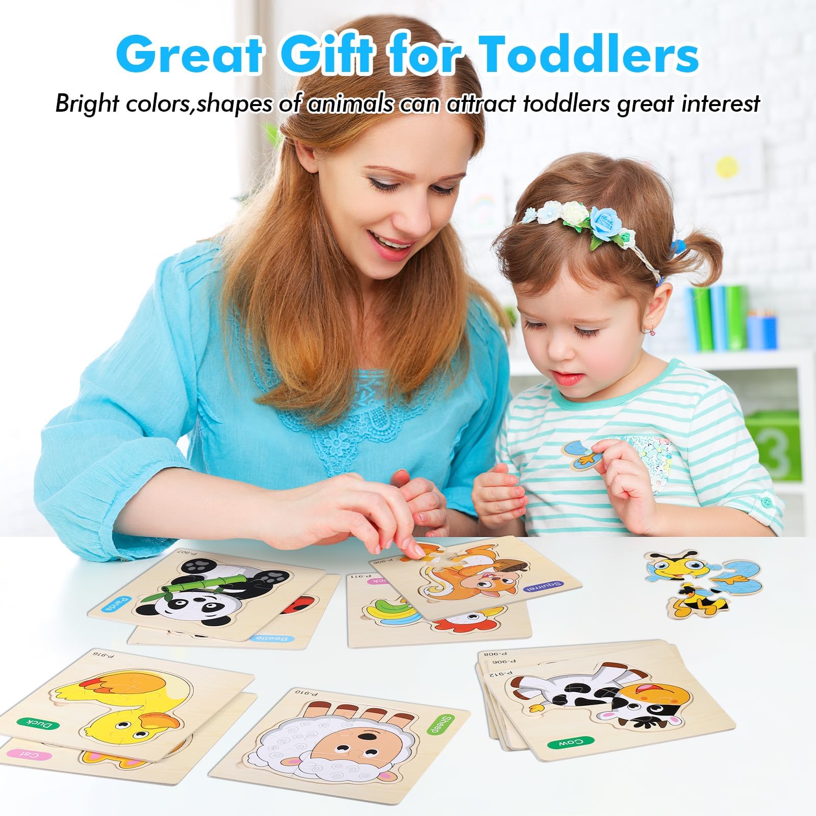 12 Piezas Puzzles de Madera Juguetes Bebes, Juguetes Educativos Montessori, Puzzles Animales Infantil 1 2 3 Año, Rompecabezas Madera para Regalo Cumpleaños Navidad