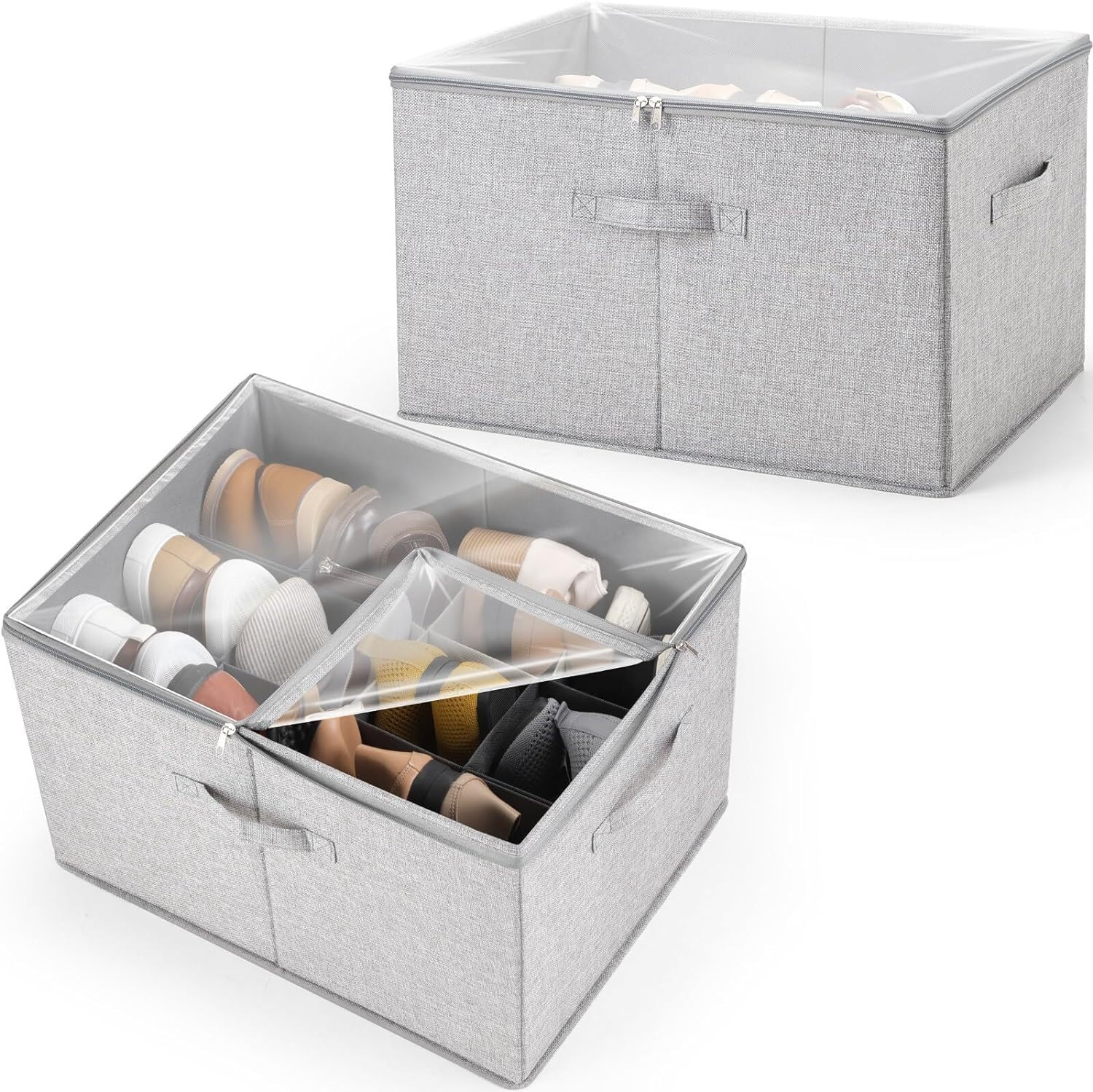 SONGMICS Organizer Scarpe, per 16 Paia, Scatola Contenitore Scarpe, Maniglie, con Coperchio Trasparente, Regolabile, per Armadio, Grigio Tortora LSP555G01