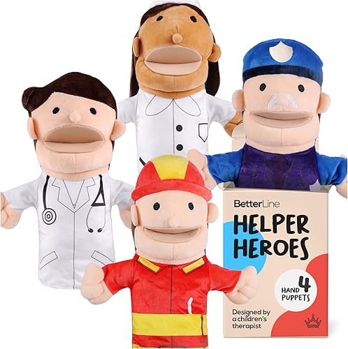 Marionetas de mano de héroe para niños diseñadas por terapeuta ocupacional, médico, enfermera, bombero + oficial de policía, juguete educativo