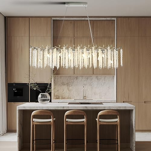 Miniatura 2 de YUYI Candelabro de cristal plateado, modernos candelabros rectangulares de 47.2 pulgadas para comedor, lámpara de lujo grande K9 para vestíbulo,