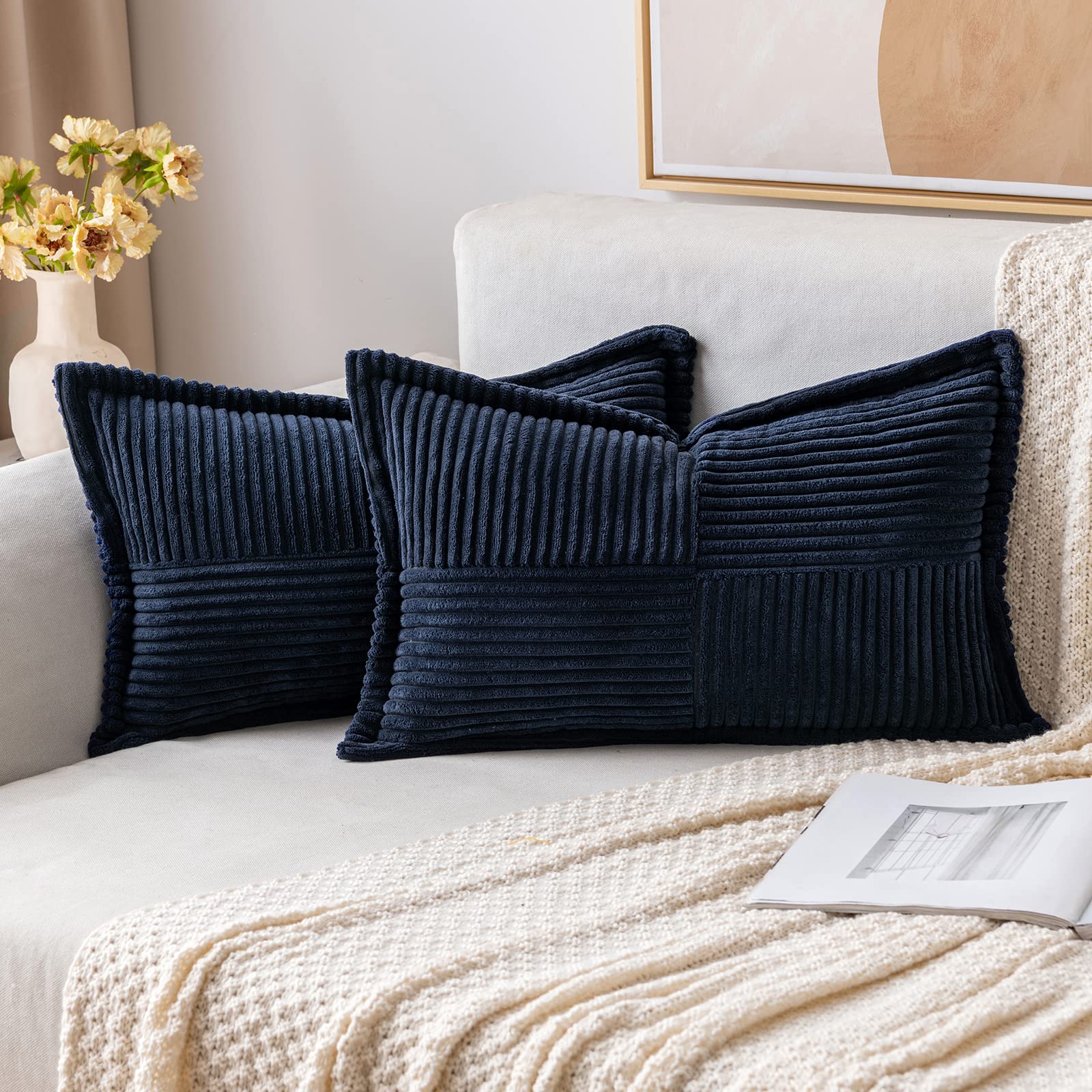 MIULEE Decorative Lumbar Throw Pillow Covers 12x20 Inch Navy Blue 2 Pack | Boho Broadside Striped Patchwork Pillow Covers, Soft Corduroy Cushion Cases, For Couch Sofa Bed Livingroom Home Decor