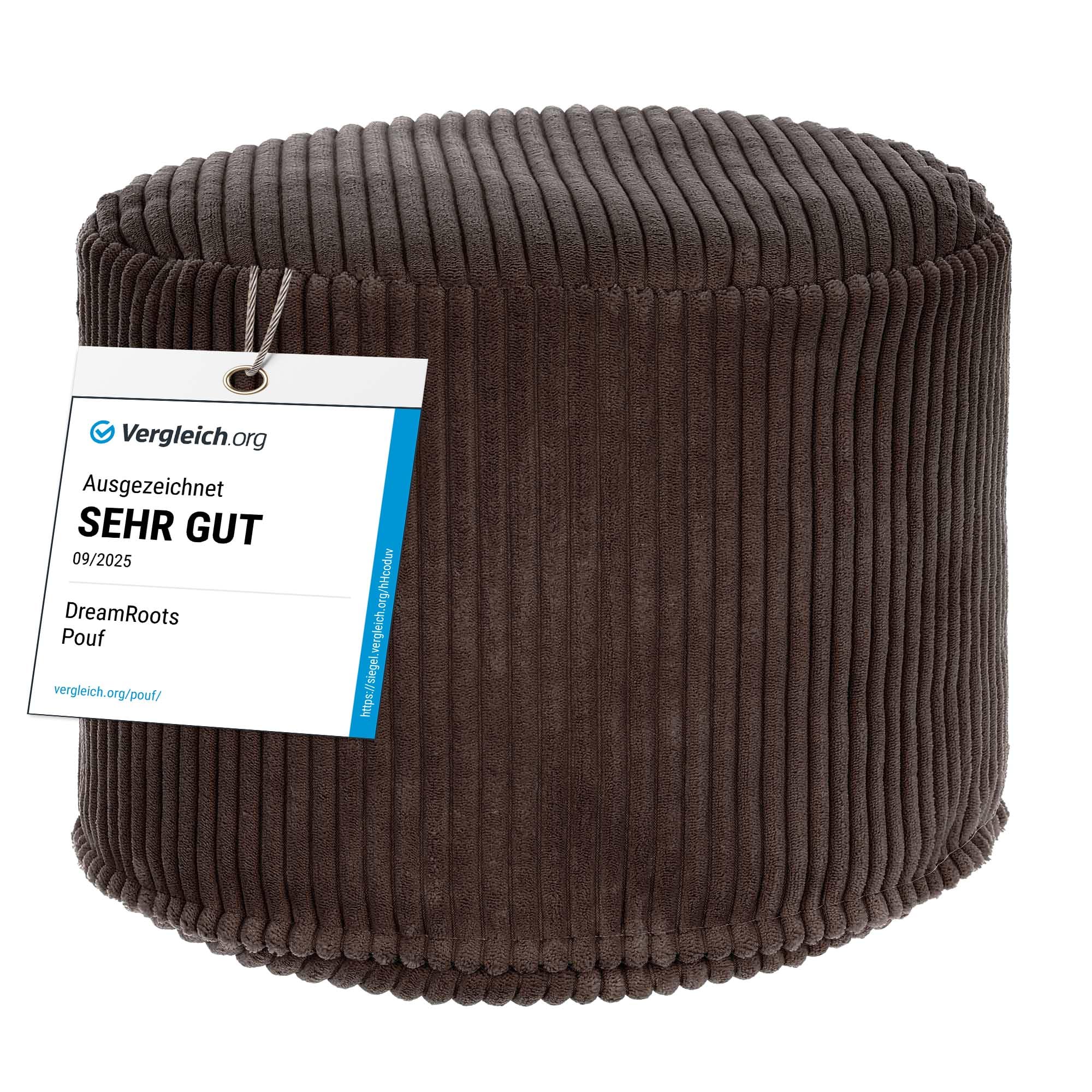 DreamRoots Cord Pouf Hocker rund 50x50x35 cm, Dark Chocolate | Runder Bodenstuhl, Sitzkissen Boden, 380 g/m², für Wohnzimmer, Schlafzimmer & Homeoffice, waschbar, Fußhocker