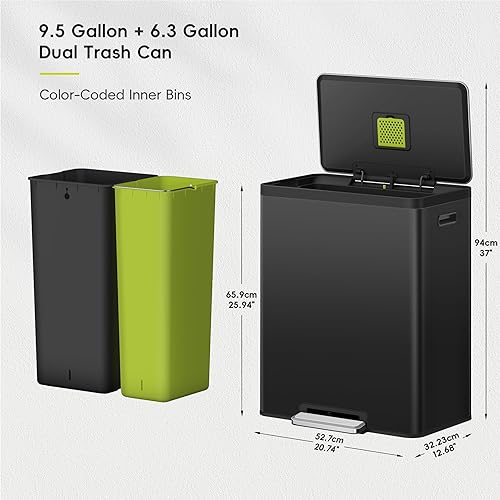 Miniatura 29 de EKO EcoCasa II - Bote de basura doble de 36 L + 24 L con cubo de reciclaje, cubo de basura de acero inoxidable con tapa, compartimento desodorante