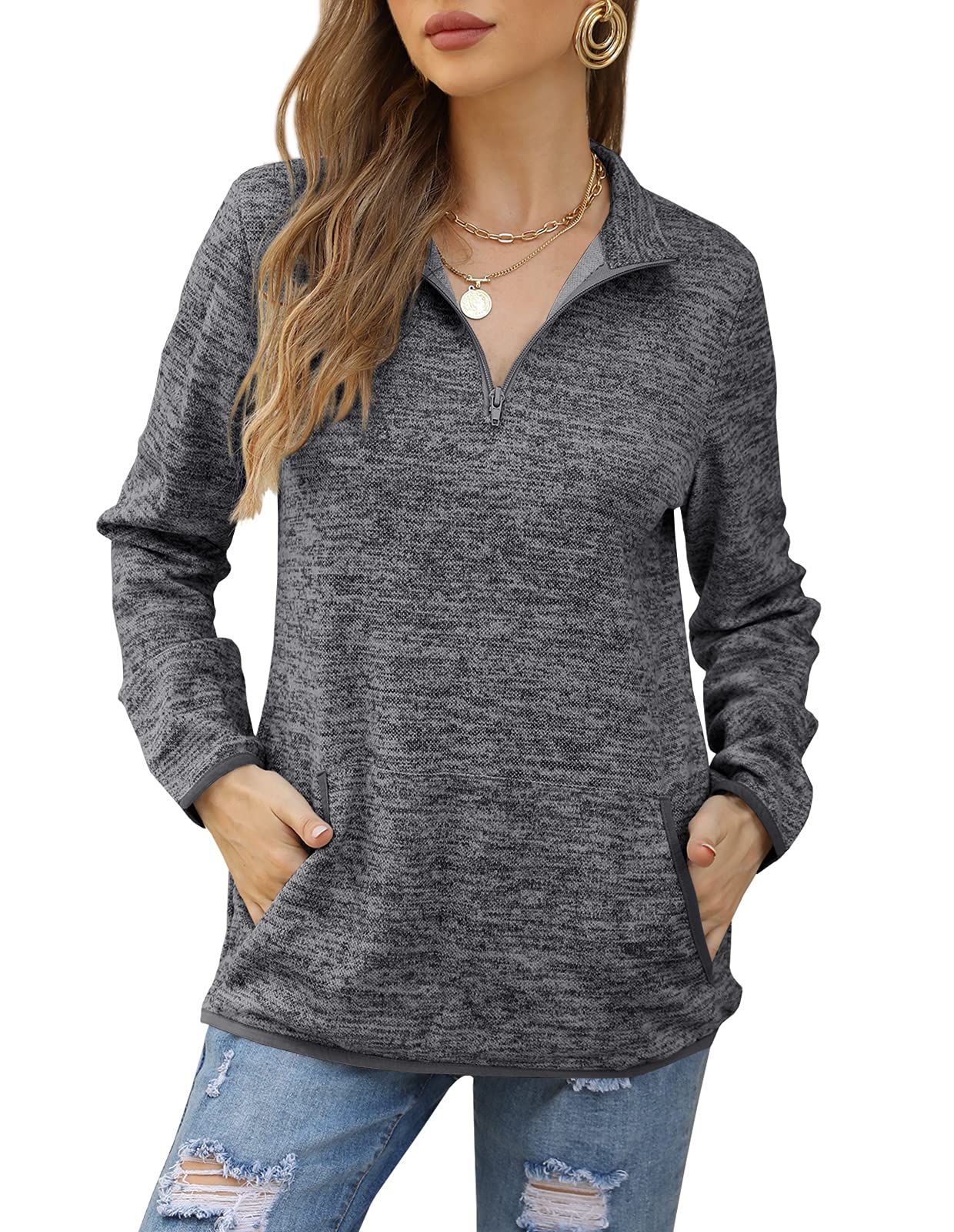 GAMISOTE Women's Long Sleeve High Collar Sweatshirt Quarter Zip Up Pullover Tops with Pockets