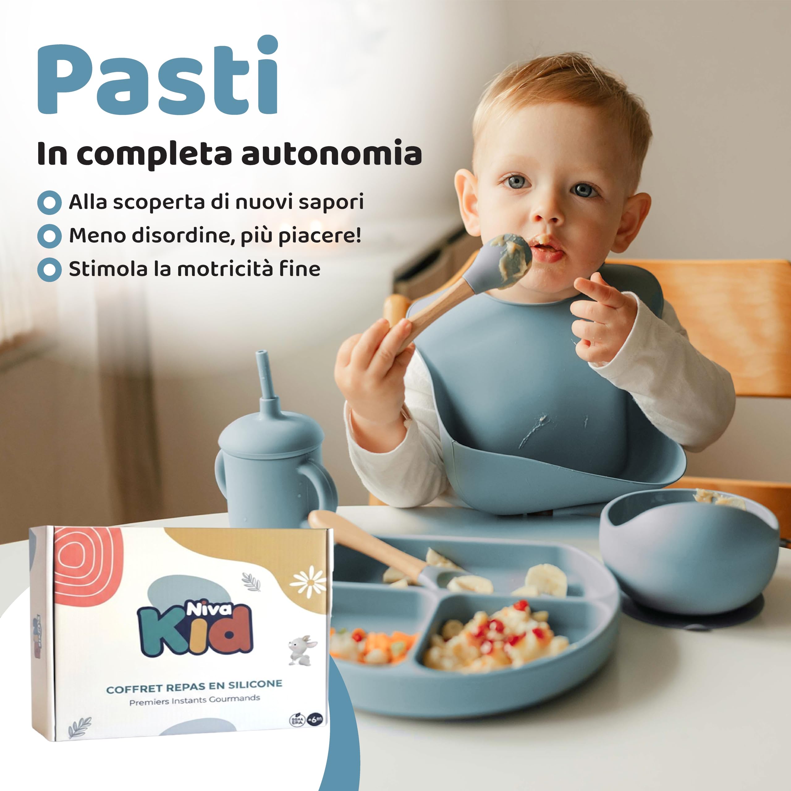 Set Pappa Svezzamento, Regalo Nascita Bimbo e Battesimo, Piatto con Ventosa in Silicone Alimentare, Senza BPA, Lavabile in Lavastoviglie, Set Neonato Completo, Idea Regalo Neonato
