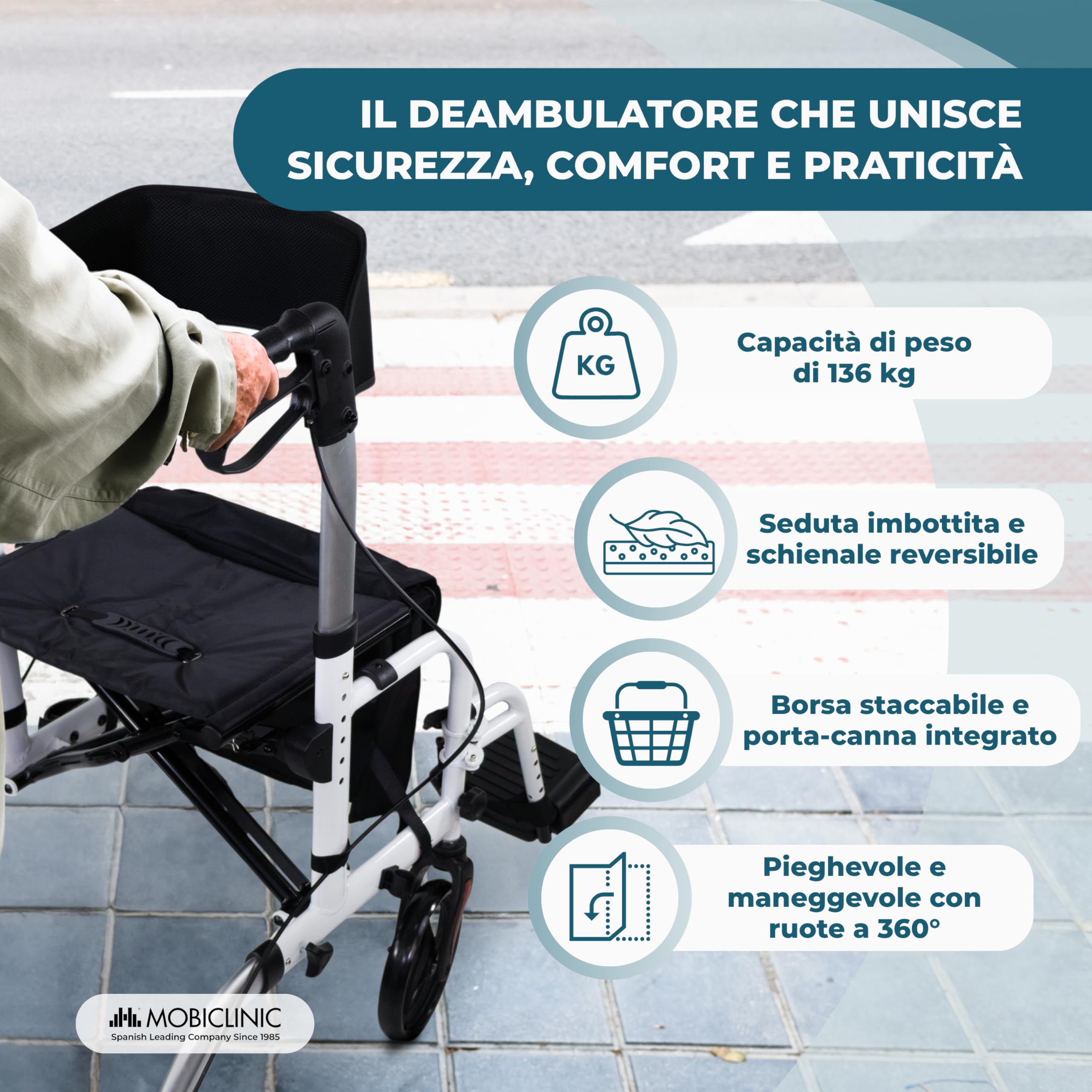Mobiclinic®, Deambulatore Pieghevole, con Poggiapiedi, Regolabile in Altezza, Max. 136 Kg, con Freni, Schienale Reversibile, Ruote 360º, Borsa, Porta Bastone, Ibiza