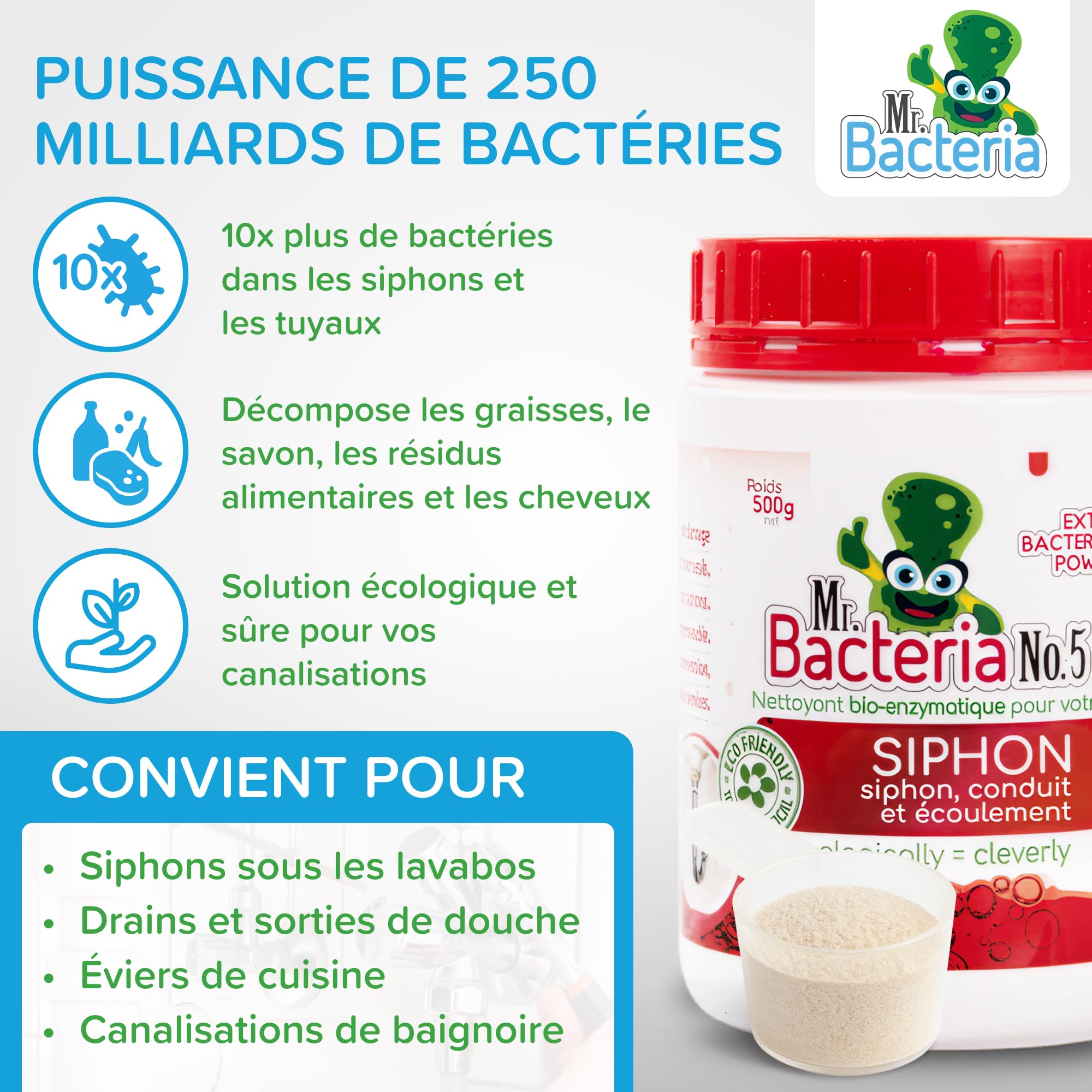Mr. Bacteria No. 5 Nettoyant enzymatique pour Votre SIPHON, CONDUIT et ÉCOULEMENT, DÉBOUCHEUR, déboucheur canalisation, Nettoyage des Canalisations 500 g – 1 pièce