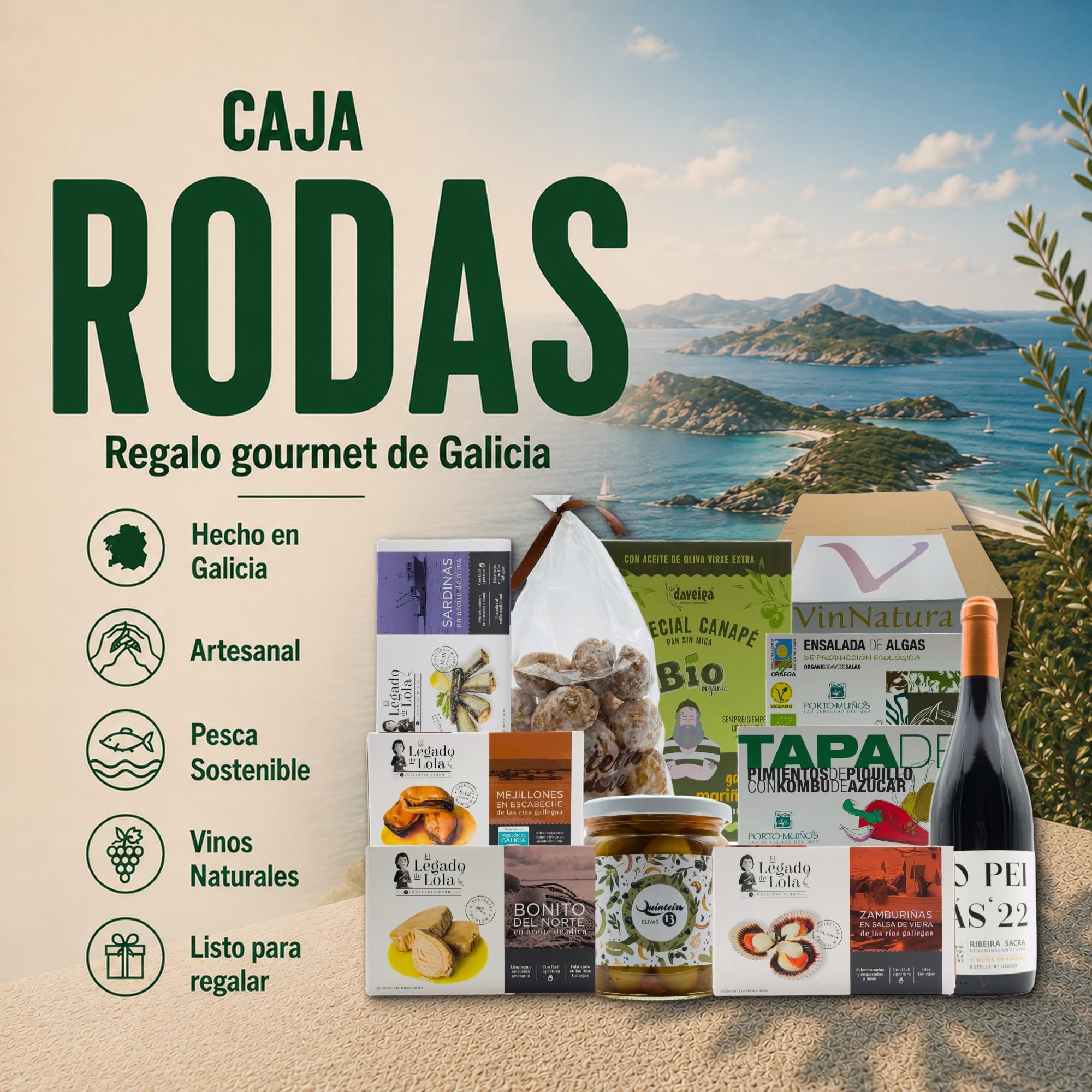 Cesta Gourmet Rodas de VinNatura con Conservas Artesanales y Vino Mencía | Regalo gourmet gallego, regalos de empresa, cesta con vino, elaboración tradicional, tarjeta personalizable
