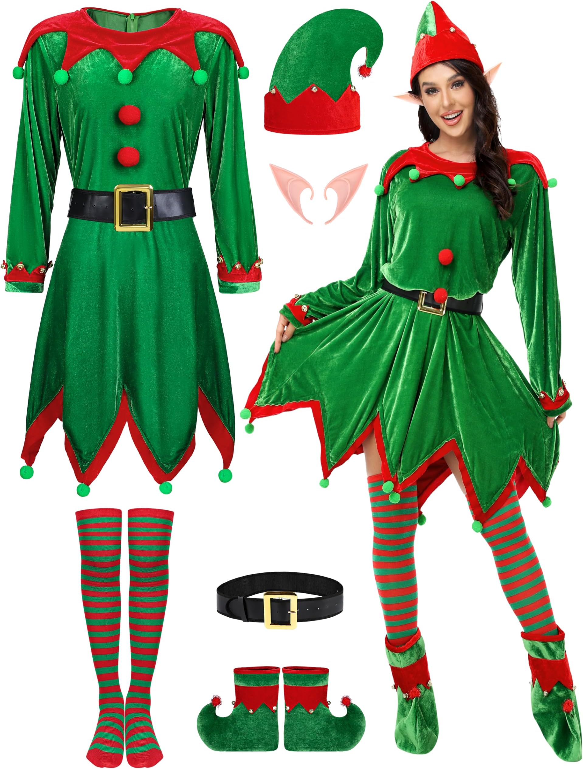 SOMSOC 6 Pack Women Christmas Elf Costume Set Velvet Dress Santa's Helper Costume Xmas Festive Outfit