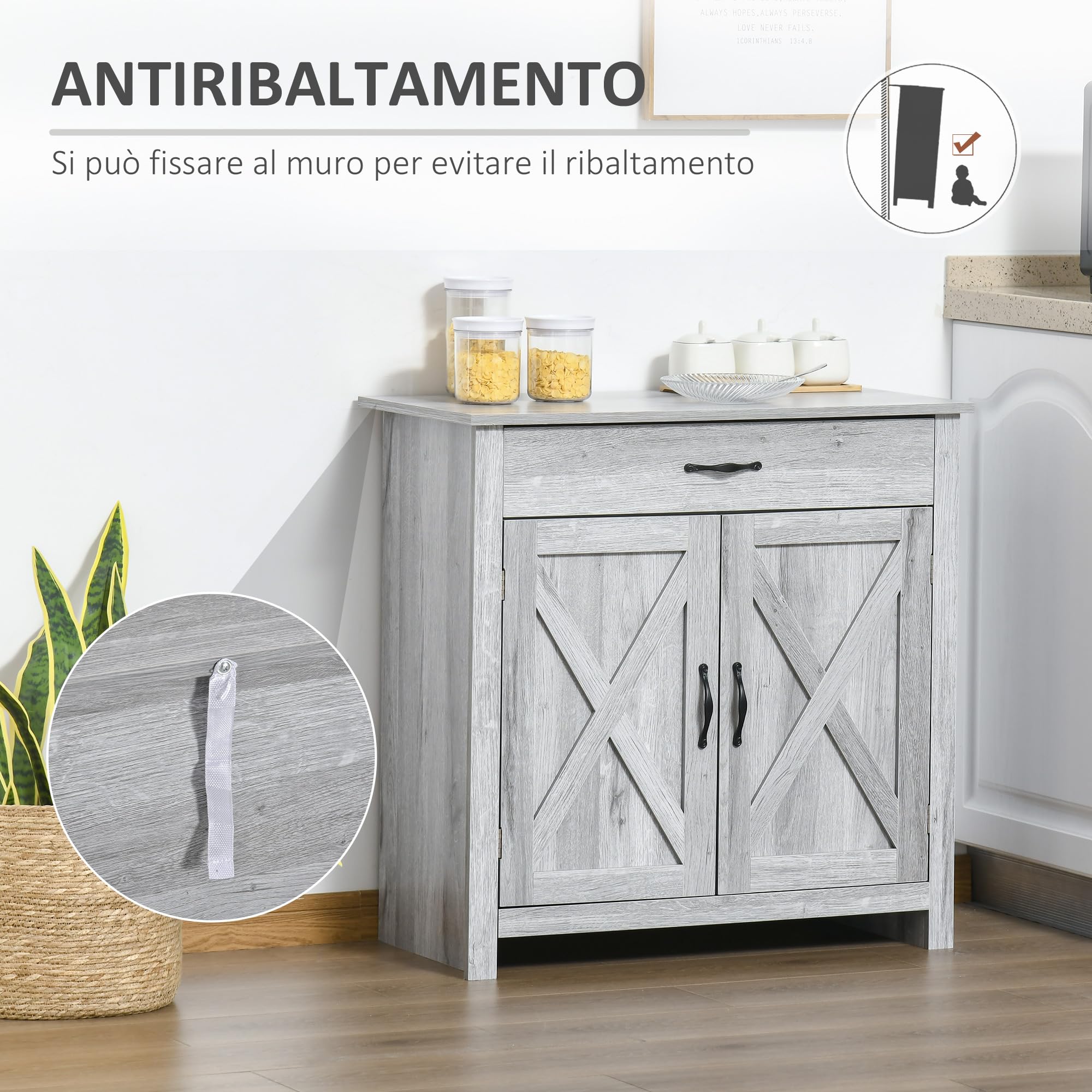 HOMCOM Credenza Cucina, Mobile Cucina con 2 Ante, Ripiani Regolabili e Cassetto, Stile Country, Credenza Buffet per Soggiorno, Salotto, Sala da Pranzo, 80x39.7x80cm, Color Grigio