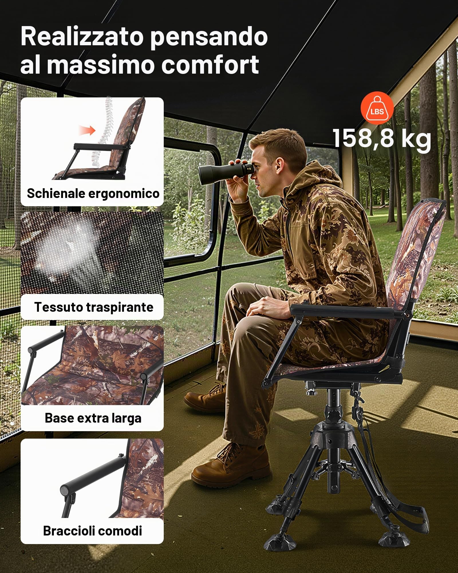 VEVOR Sedia da Caccia Campeggio Pieghevole, Sedia da Pesca con Braccioli, Altezza Regolabile Capacità di Carico 158 kg, Rotazione Silenziosa a 360°, Altezza Seduta 420-625 mm, Giardino, Esterno