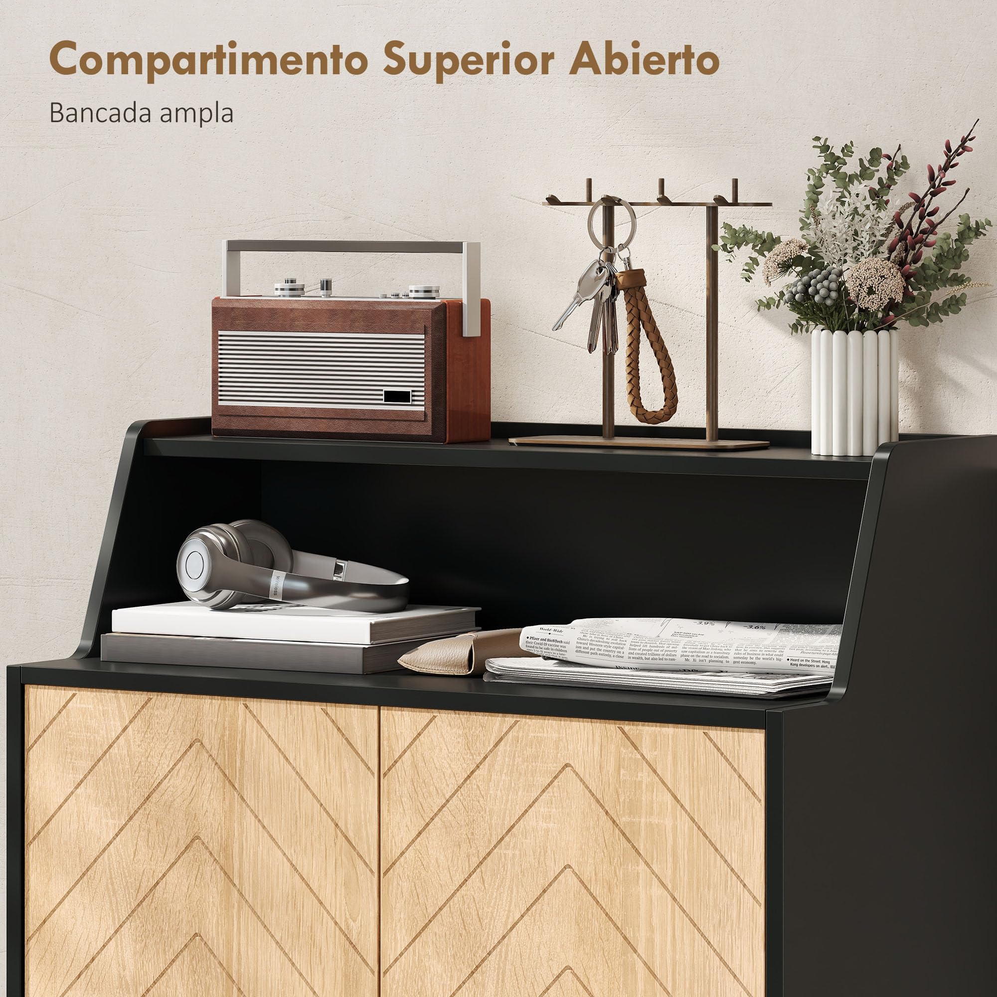 HOMCOM Zapatero de 2 Puertas en Espiga, Zapatero Entrada Recibidor con Estantes Ajustables, Compartimento Abierto y Patas de Madera, para 15 Pares de Zapatos, 75x35x104 cm, Negro y Natural