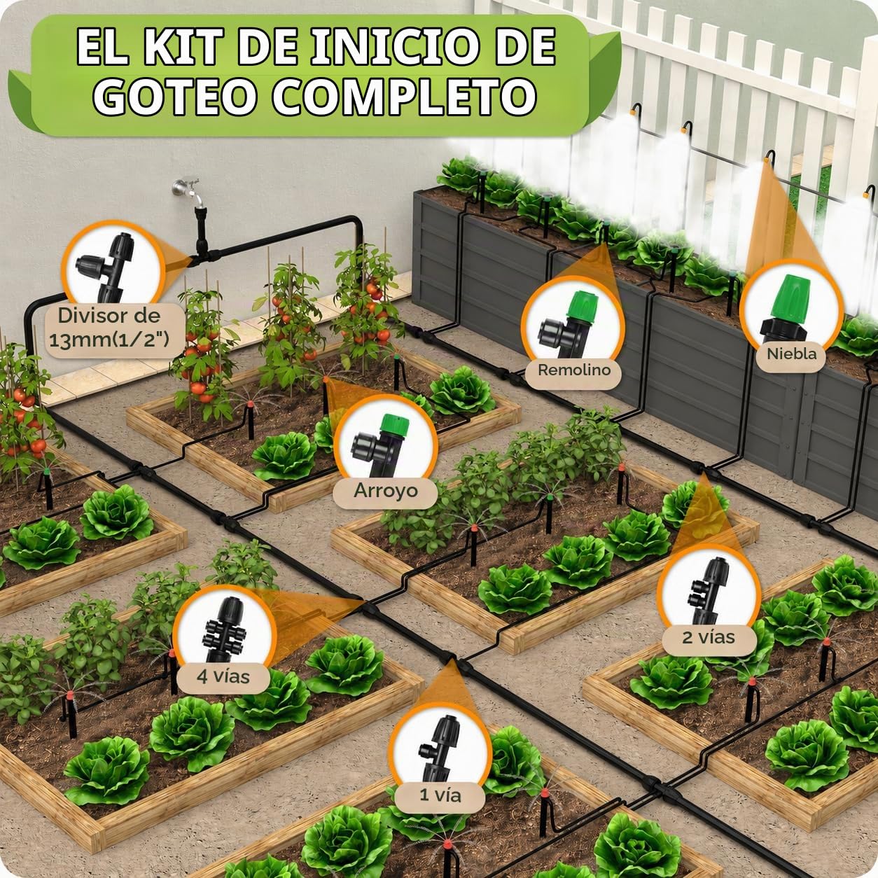 CARPATHEN Sistema de riego por goteo, sistema de riego ajustable de conexión rápida para jardines de hasta 130 pies, camas elevadas, sistema completo de riego de jardín, emisores de 1/4, tubos y