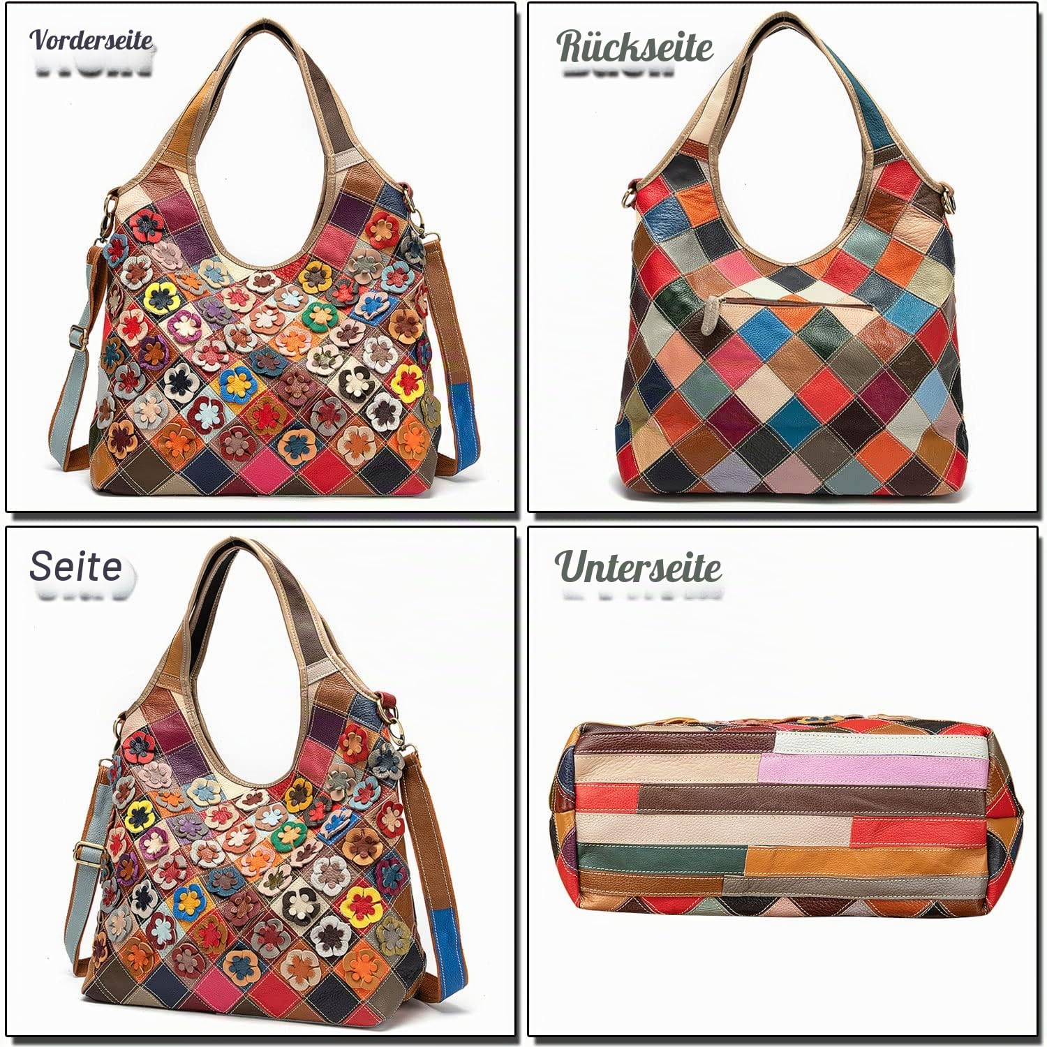 Bunte Patchwork Damen Handtasche, Stilvolle Echtleder Tote Bag Große Henkeltasche mit Top Griff, Mode Shopper, Casual Laptop Schultertaschen für Frauen