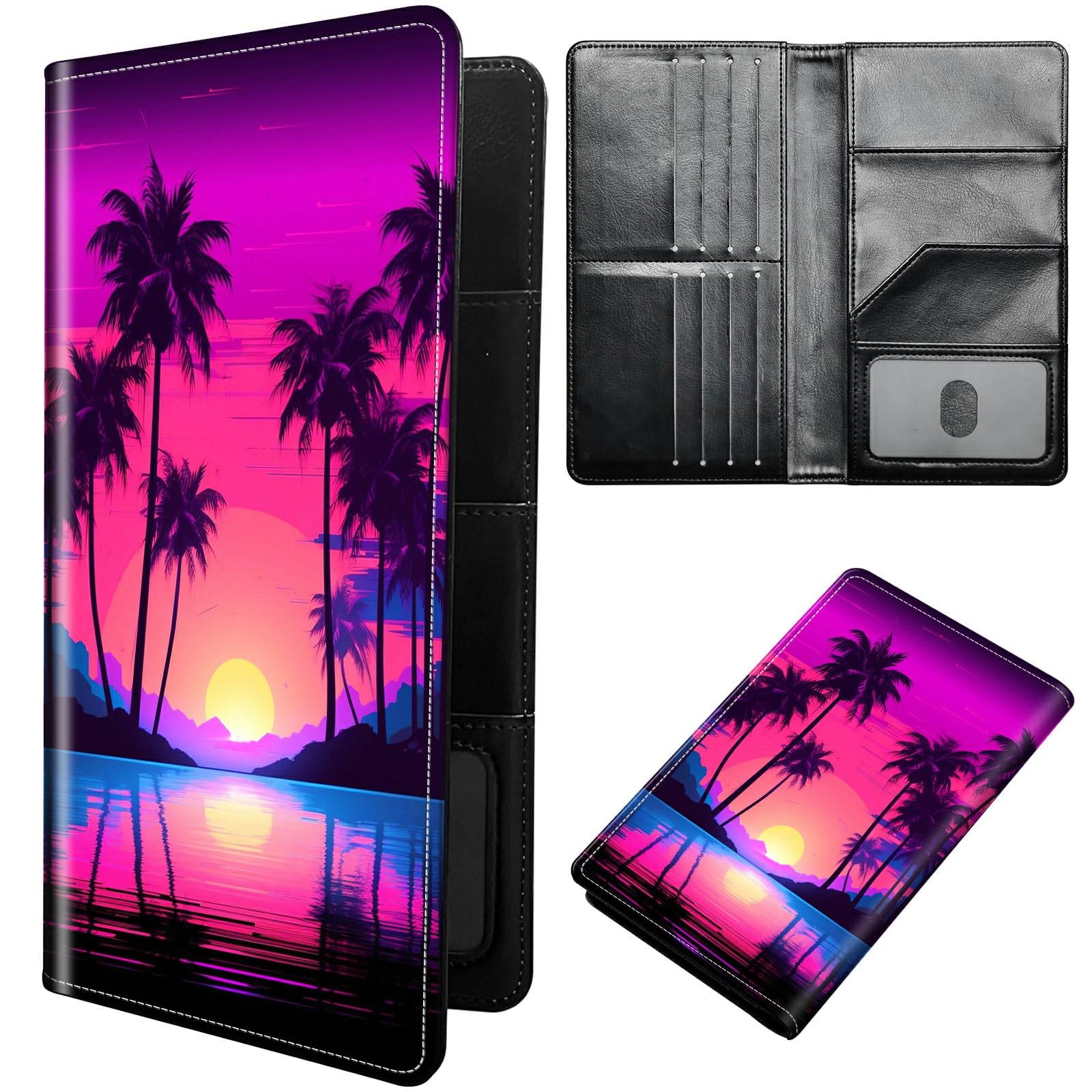 DIGTIALL Sunset Palm Trees Passport Holder Cover Passport Wallet Travel Wallet Organiser with RFID Blocking Card Holder Wallet Family Holder