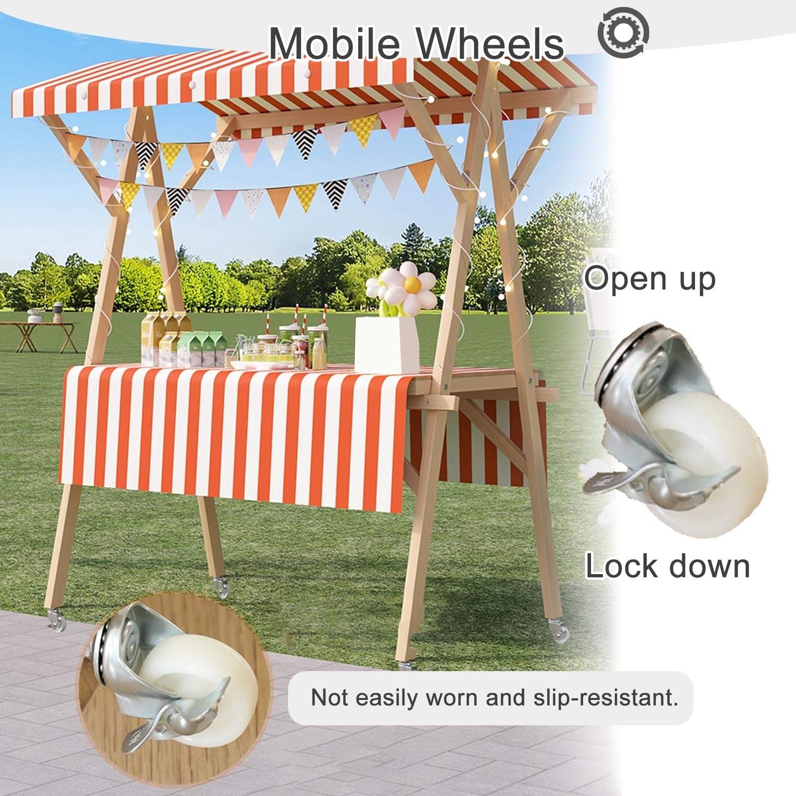 Mobiler Marktstand Verkaufsstand Mit Vordach, Stände Für Wochenmärkte, Festivals Und Strände, Süßigkeitenstand Auf Rädern Für Partys, Holzkiosk(Blue,150cm/59in)