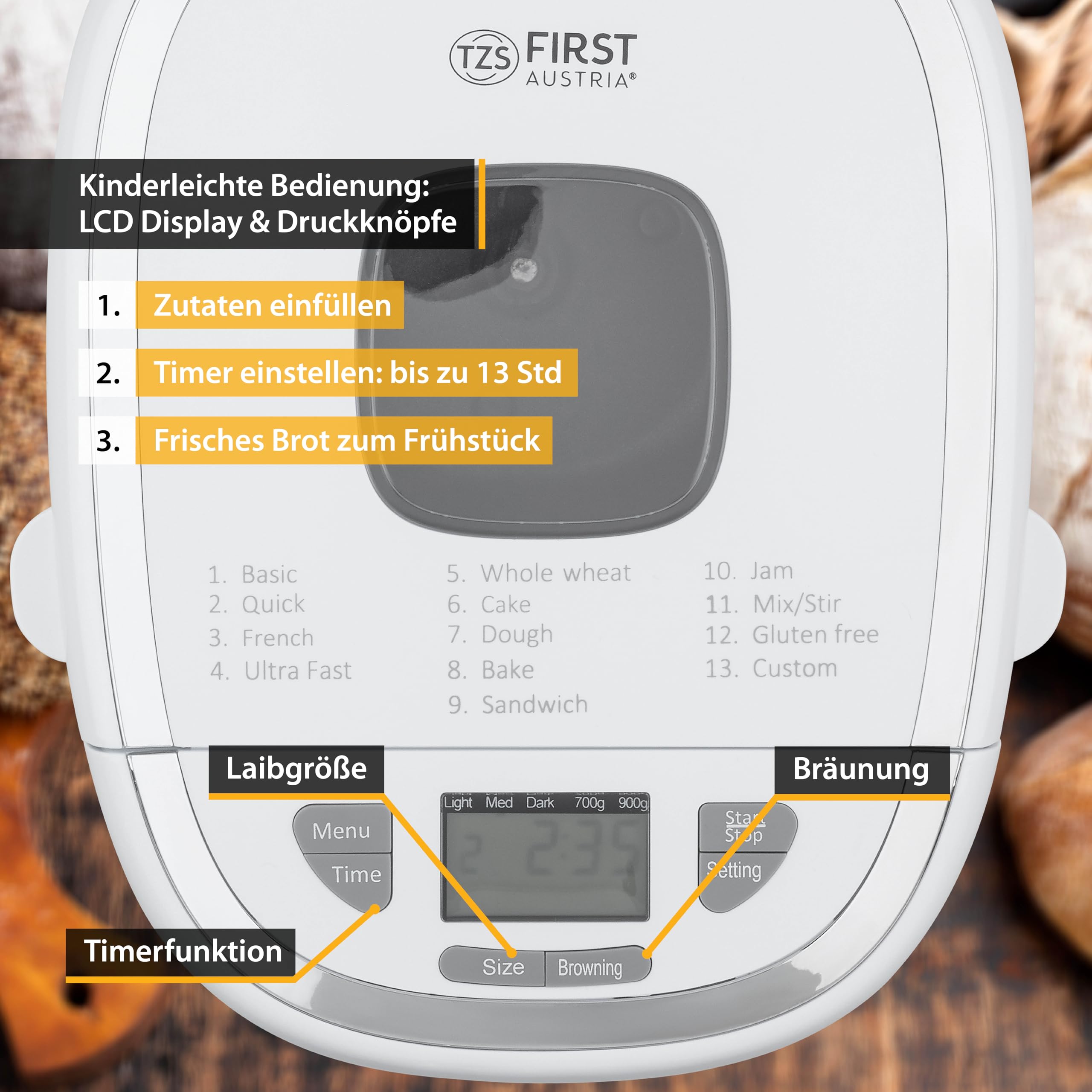 TZS First Austria - Brotbackautomat 900g - 550W - 13 Programme & Timer - Brotbackmaschine mit Knethaken - Weiß/Grau