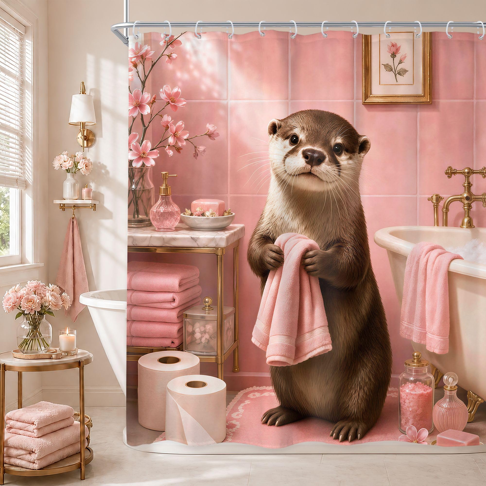 Pink Otter Shower Curtain Set Funny Cute Animal Kids Girls Bathroom Decor — image 1