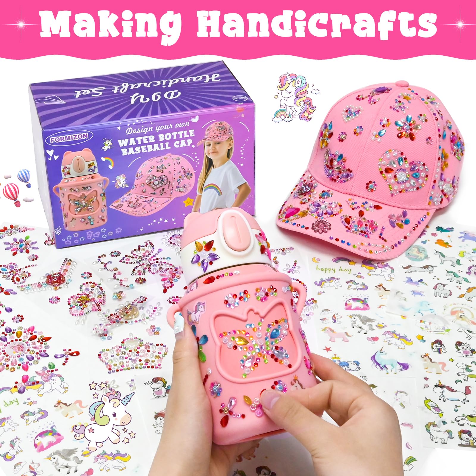 DIY Set Für Mädchen – Trinkflasche & Baseballkappe Mit Glitzersteinen & Einhorn-Aufklebern