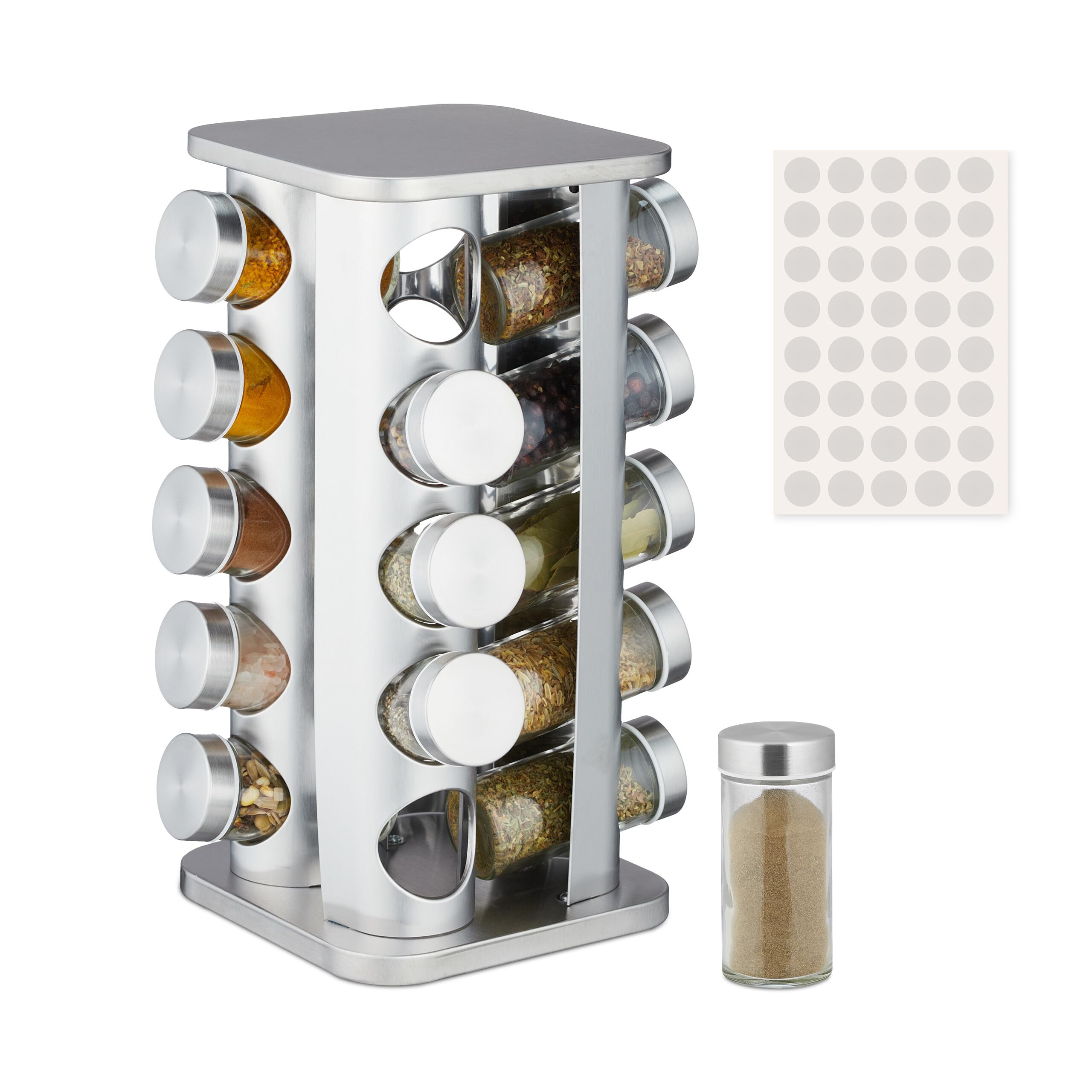 Relaxdays Tourniquet à épices, Acier INOX, 20 Pots en Verre, 40 étiquettes, Rotatif à 360°, HLP : 33,5x20x20 cm, argenté