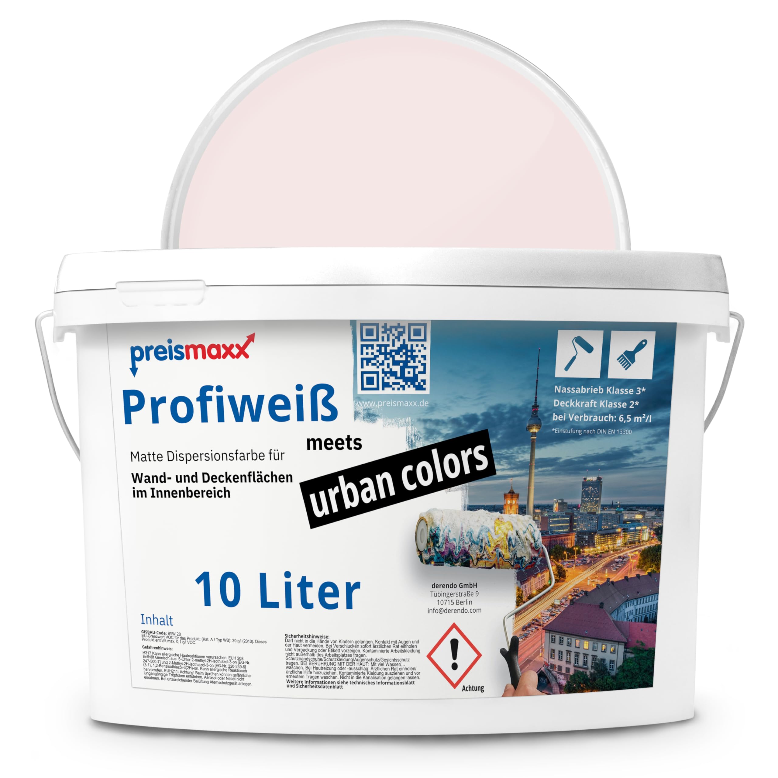 Preismaxx Profiweiß Wandfarbe rosa 10L, hohe Deckkraft, Dispersionsfarbe innen, Innenwandfarbe Raumfarbe babyrosa deckend, Deckkraftklasse 2, matt Innenfarbe Profi Qualität