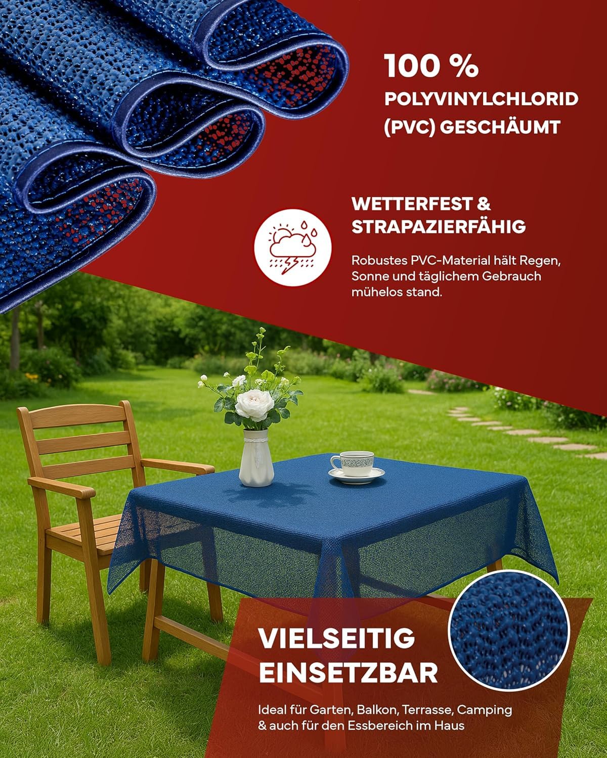 Tovaglia da giardino con orlo, lavabile, per giardino, balcone e terrazza, resistente alle intemperie (Blu, 140 x 180 cm ovale)