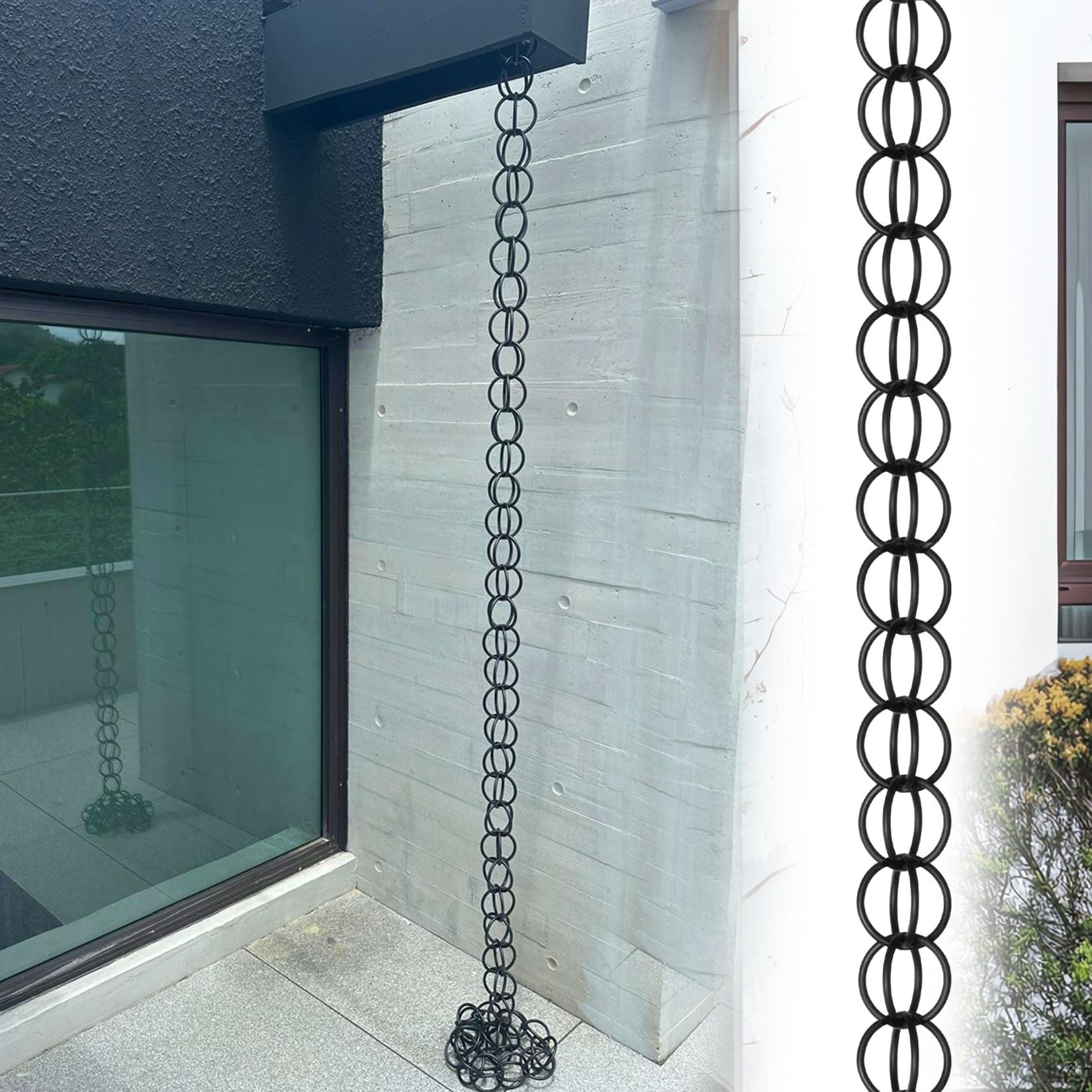 WEKONUMEX Rain Chains for Gutters, Double Ring Rain Chain Collector, Aluminum, 16Rings/M, Dark Brown/Black, 1-10m(Black,4m(13.2ft))